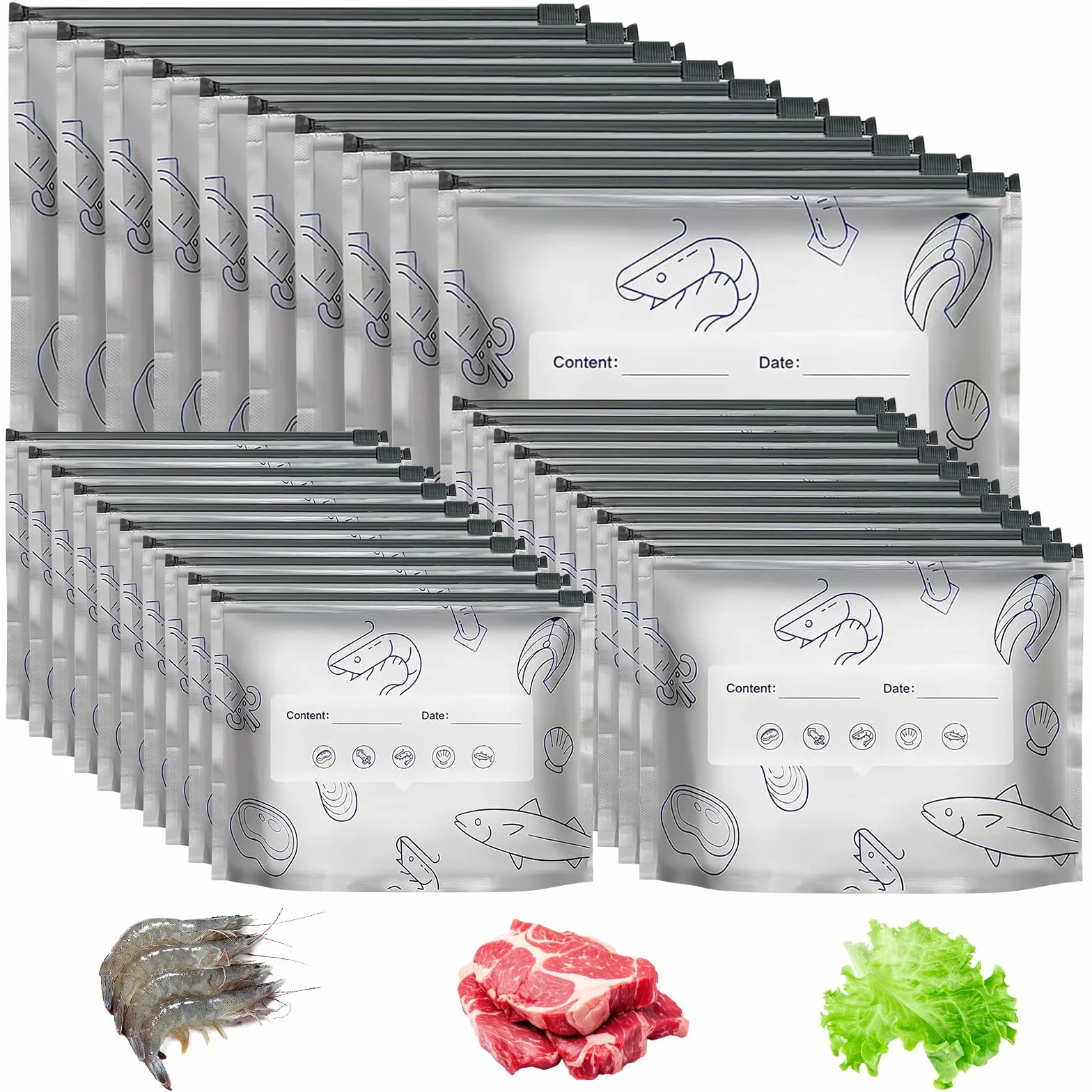 Worki do zamrażania z zamkiem błyskawicznym, wielokrotnego użytku, zamykane worki do przechowywania z folii aluminiowej, 3 rozmiary, do zamrażarki i kuchni, worki do przechowywania żywności z zamkiem