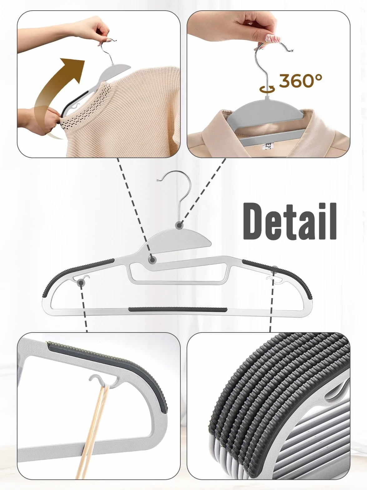 House Day Plastikowe wieszaki w kształcie litery S, antypoślizgowe, obrotowe o 360°, oszczędzające miejsce wieszaki na płaszcze dla dorosłych, wytrzymałe, mokre ubrania (szare)