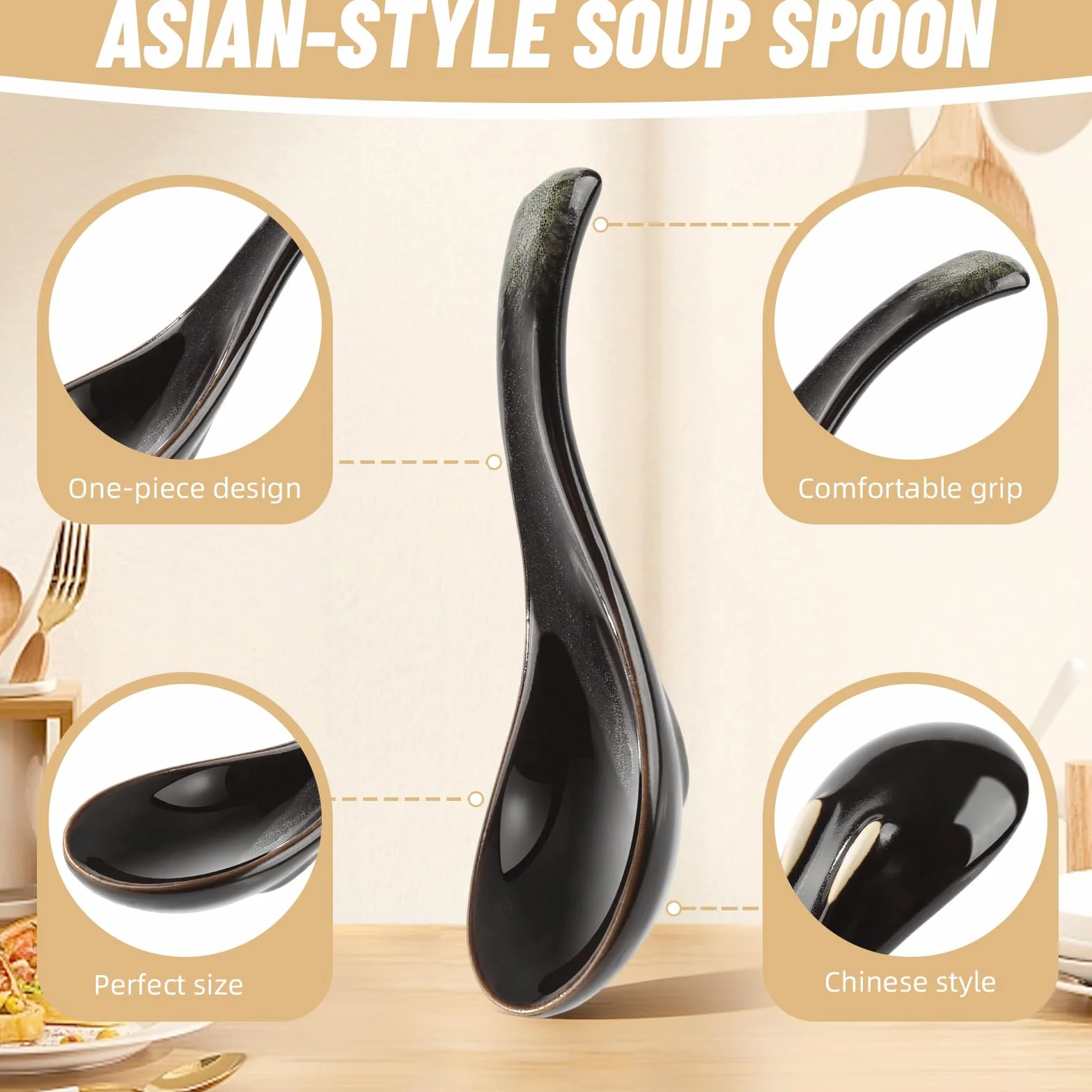 Zestaw 5 azjatyckich łyżek do zupy, japońskie łyżki ceramiczne, w stylu retro, chińska łyżka do zup, pierogów i potraw jednogarnkowych, idealna do gospodarstwa domowego i jadalni