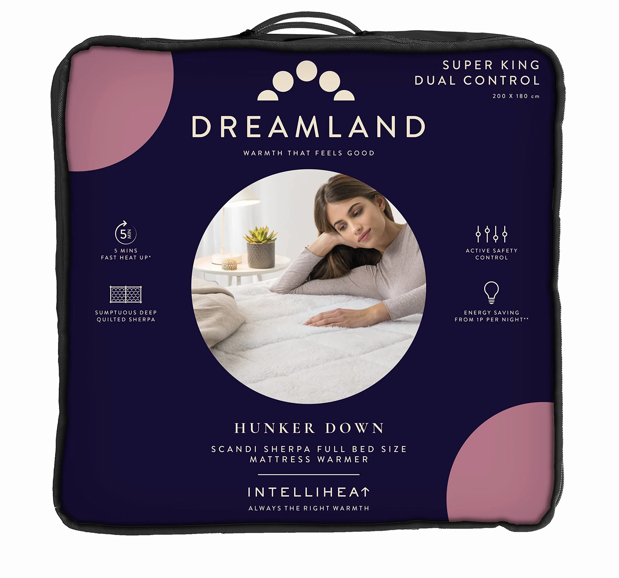Dreamland Intelliheat+ Scandi Koc na łóżko podwójne 200x180 cm elastyczne paski 6 ustawień temperatury regulator czasowy
