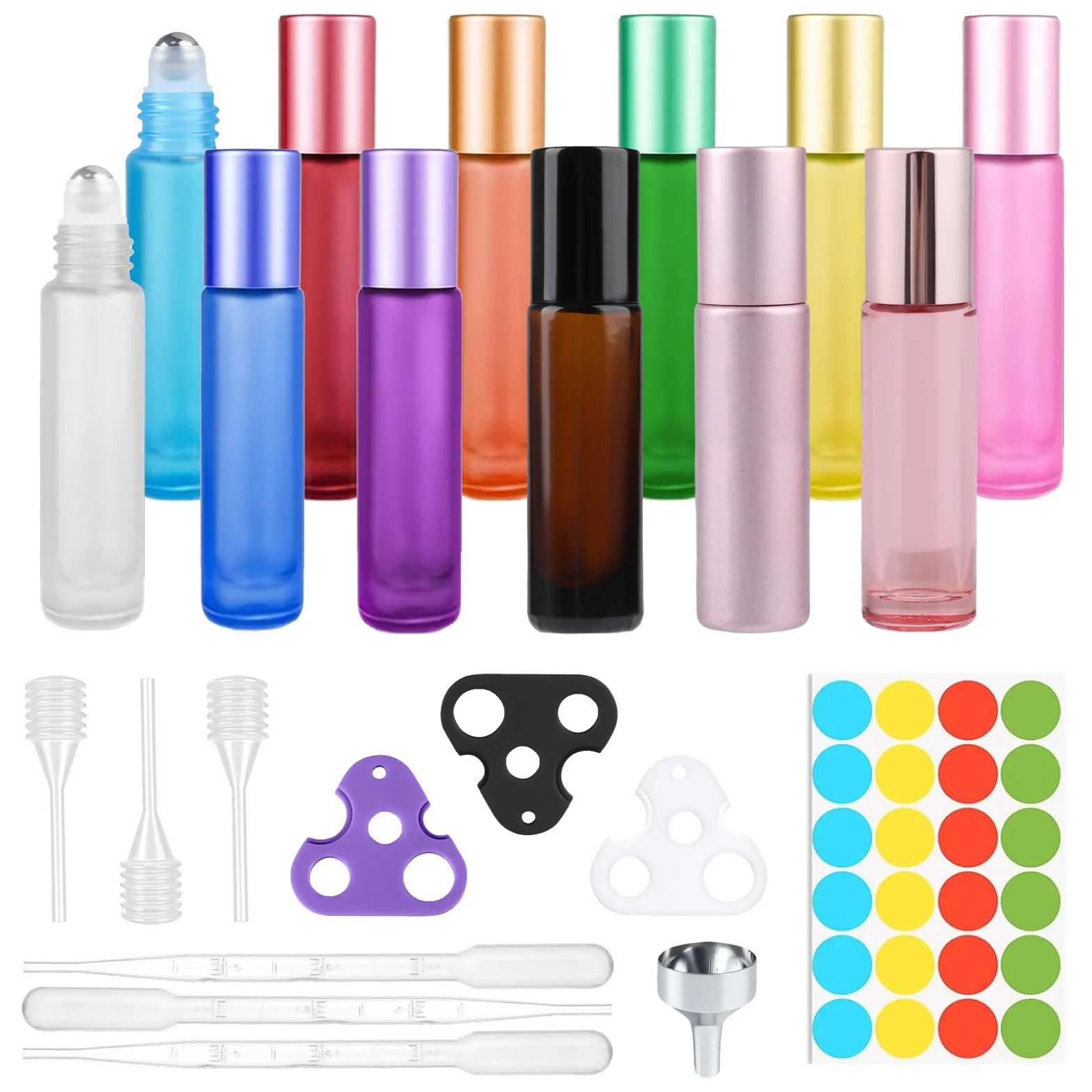 12 sztuk 10 ml Roll On szklane butelki na olejki eteryczne, puste butelki z kulką ze stali nierdzewnej, otwieracz, kroplomierzem i lejkiem, kolorowe do perfum, masażu, aromaterapii (10