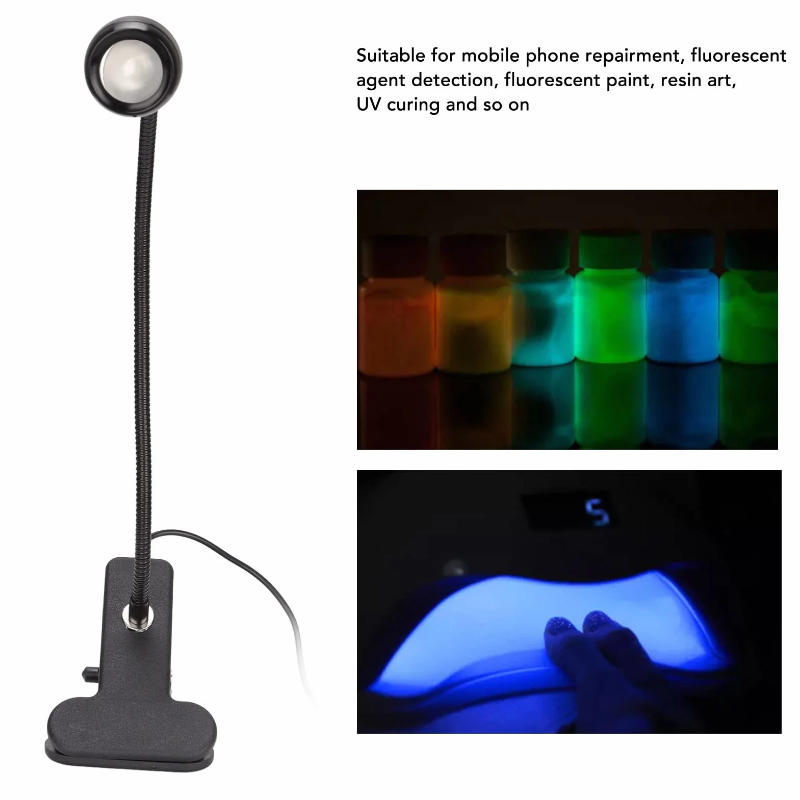 Lampa UV do Utwardzania Kleju, 395nm UV LED Black Light Oprawy z Gęsią Szyją, USB 3W LED Koralik Lampowy Ultrafioletowe Fioletowe światło, Lampa UV do Kleju do Naprawy Telefonu, żel UV do Paznokci