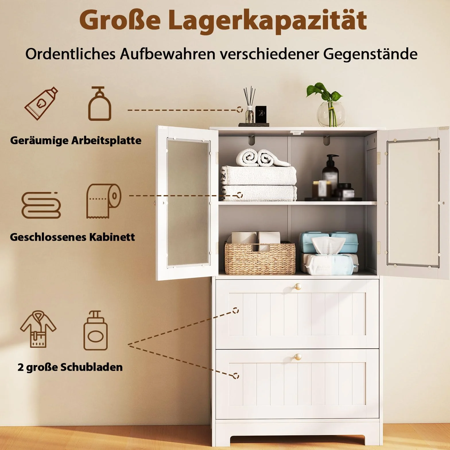 COSTWAY Drewniana szafka łazienkowa z 2 szufladami i 2 szklanymi drzwiami, regulowany regał, biała