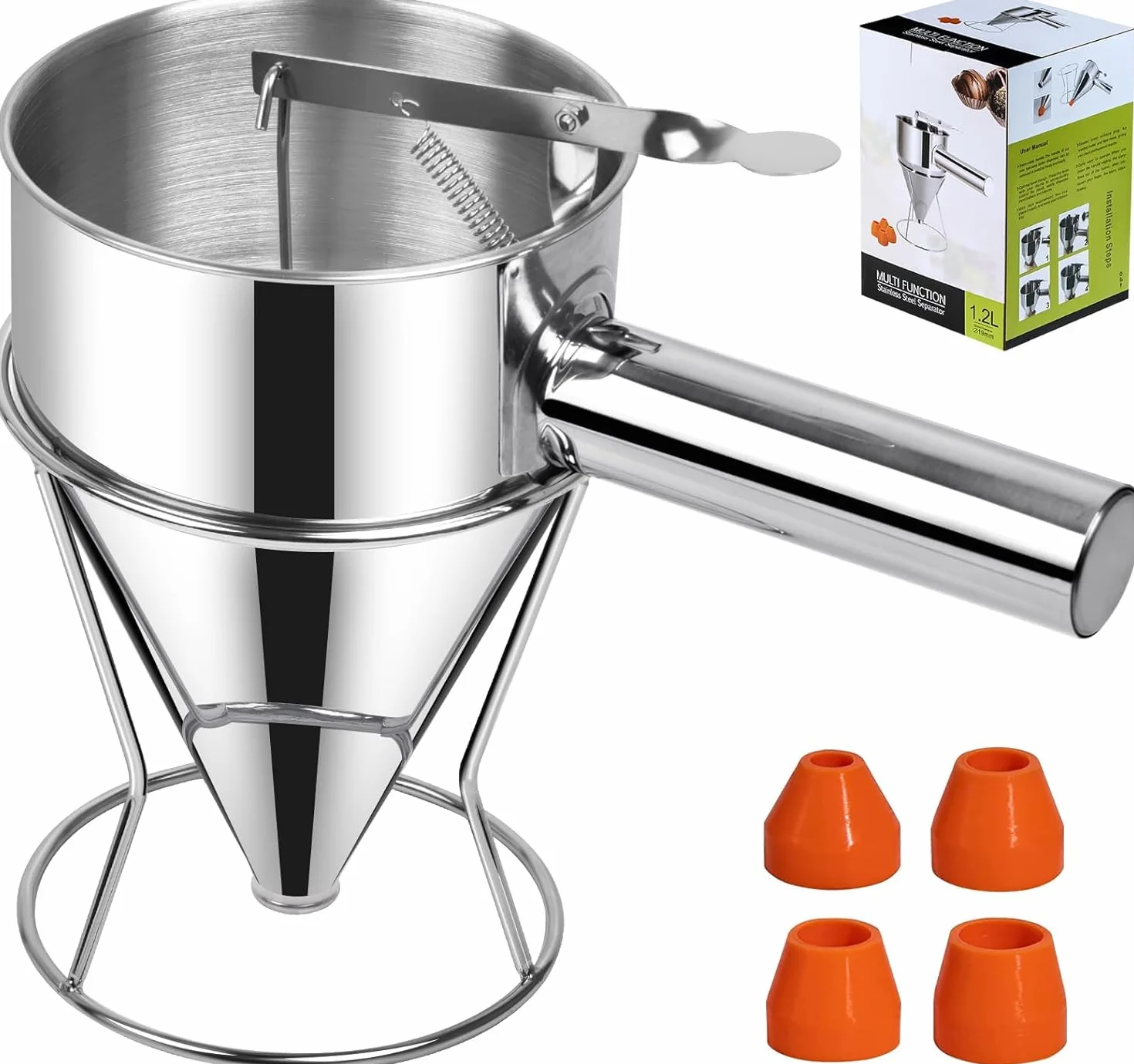 Dozownik do ciasta ze stali nierdzewnej 1200 ml ze stojakiem 4 lejki