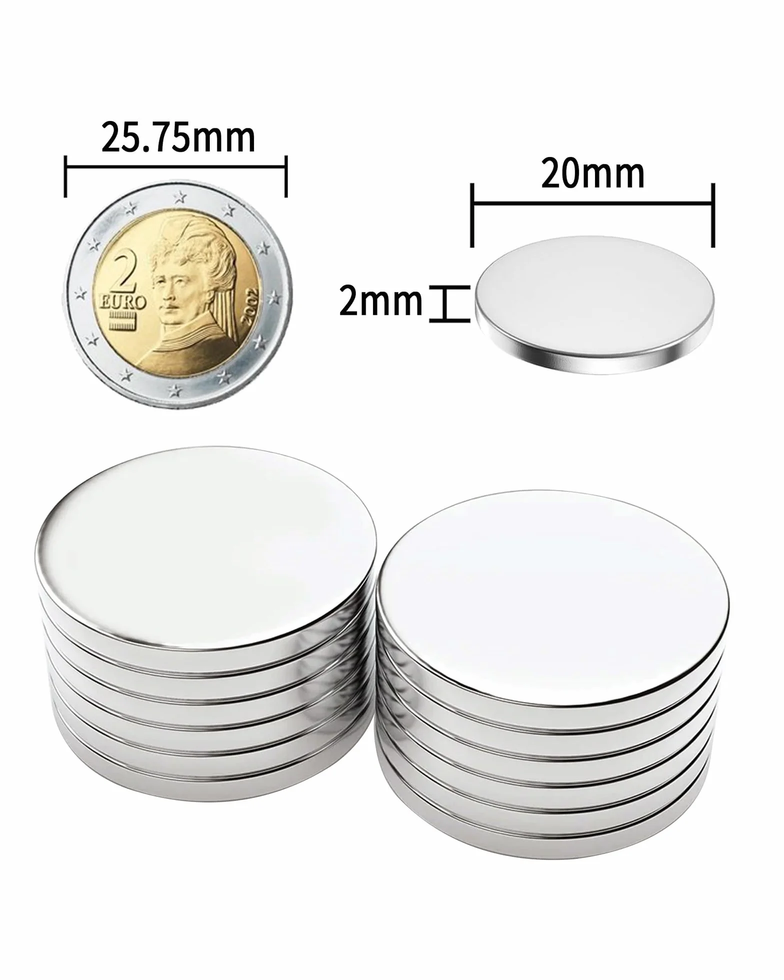 Zestaw 30 magnesów neodymowych, bardzo mocne: 20 x 2 mm, samoprzylepne magnesy, mocne, okrągłe, płaskie, do kuchni, biura, rękodzieła, tablica magnetyczna na lodówkę