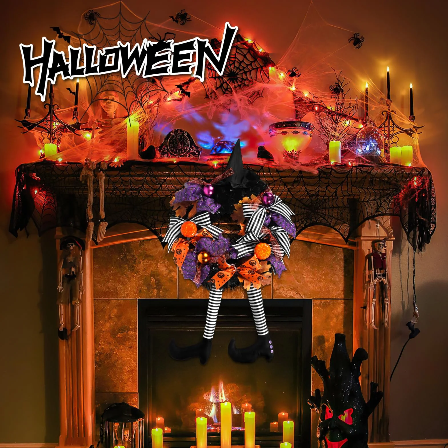 Halloweenowy Wieniec na Drzwi z Nogą Czarownicy, Strasznym Kapeluszem Wiedźmy i Dynią - Dekoracja na Halloween, Podwórko, Werandę, Okna