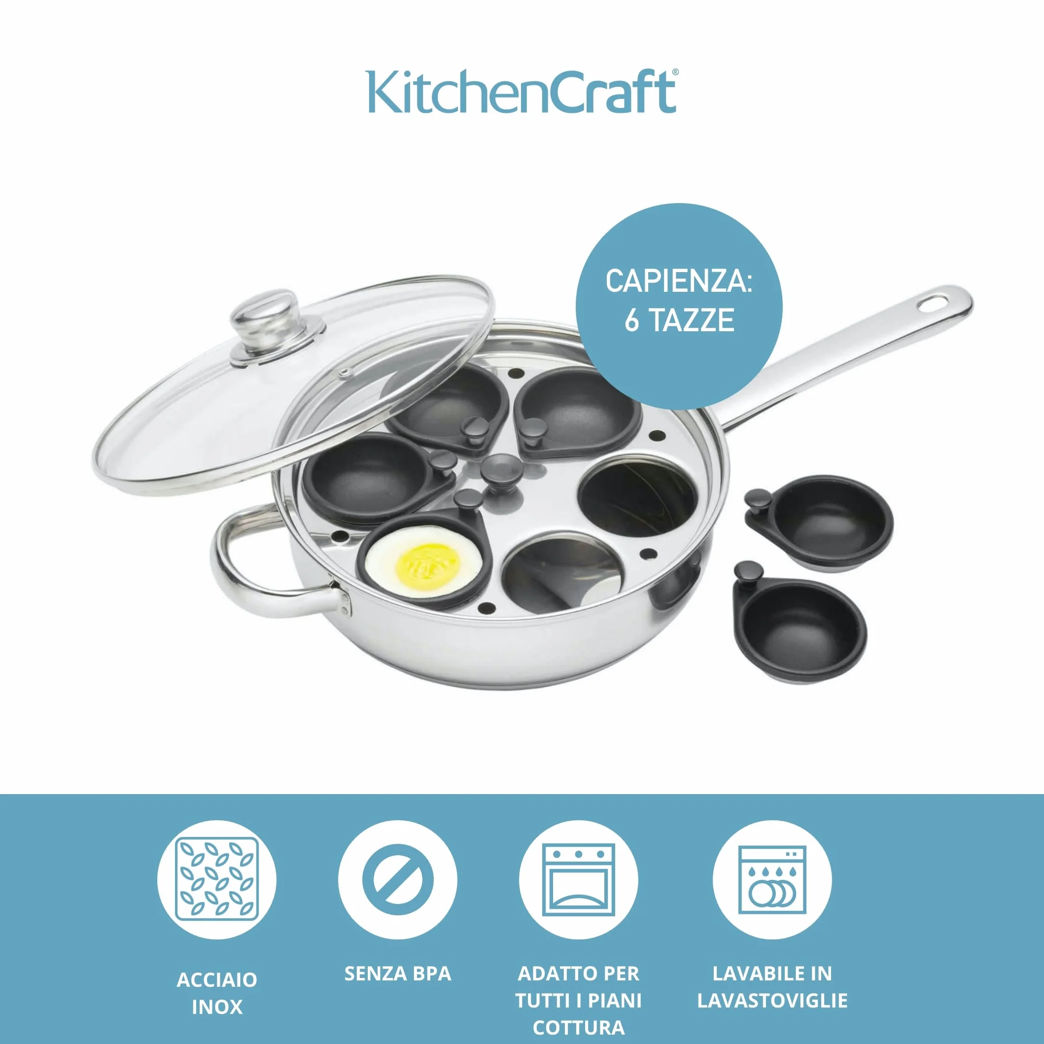 KitchenCraft Patelnia do gotowania jajek z nieprzywierającą powłoką indukcyjną, stal nierdzewna, pasuje do 6 jajek, 26 cm, srebrna