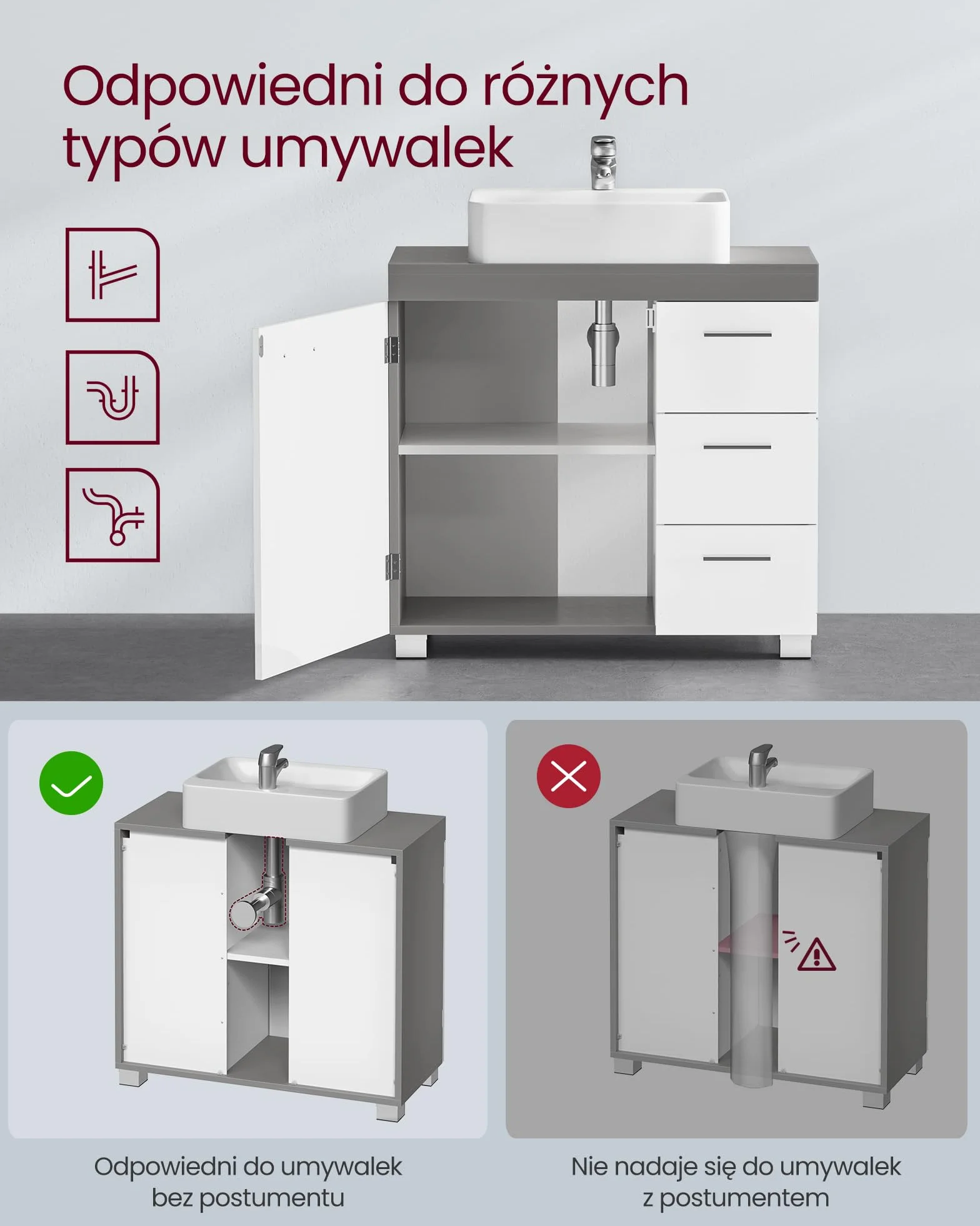 VASAGLE Szafka pod umywalkę łazienkowa 3 szuflady 2 przegrody 30x70x64 cm szary cementowy biała chmura