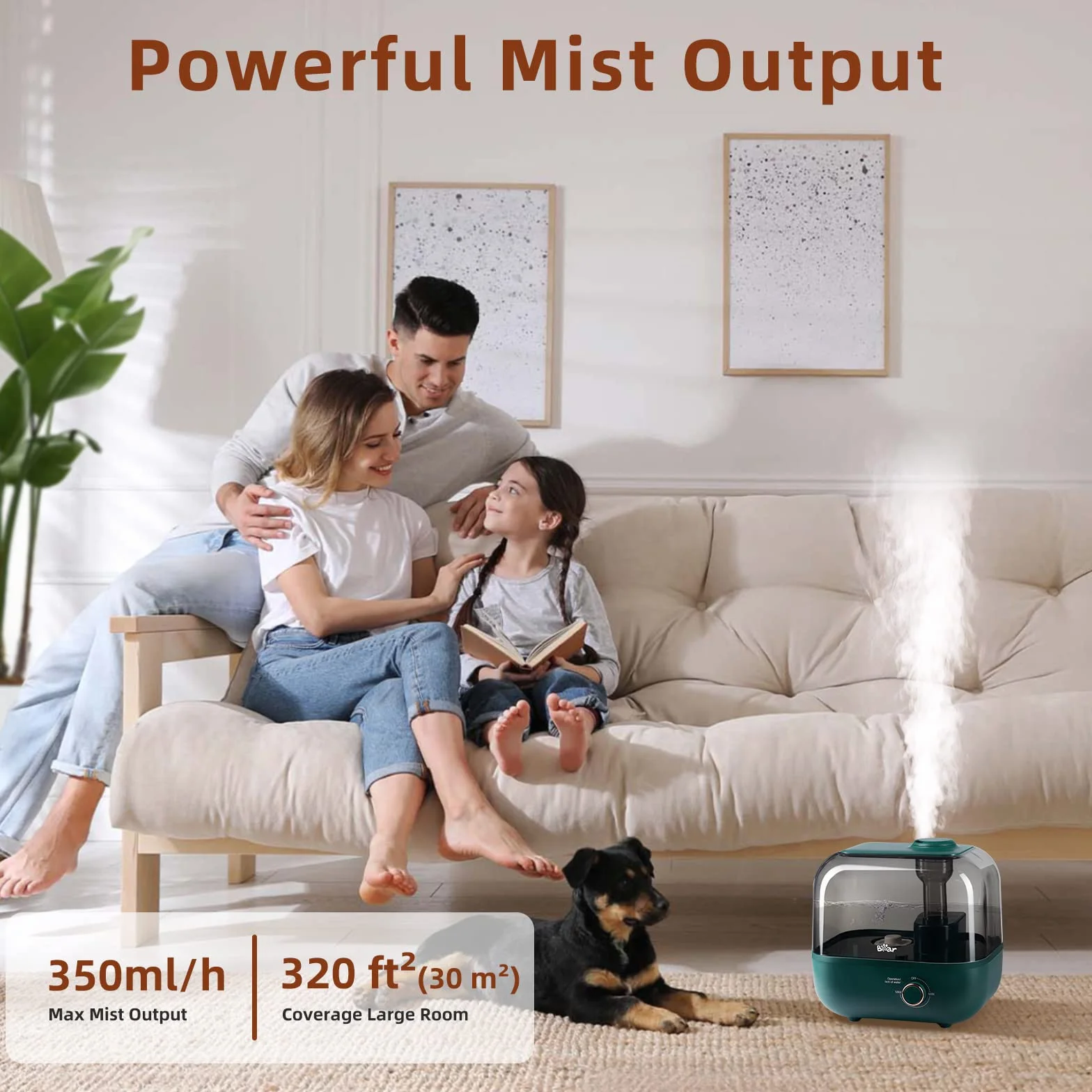 BEAR Nawilżacz powietrza 5 l, bardzo cichy 28 dB, dla niemowląt i roślin, czas pracy 35 godzin, z tacą do aromaterapii, dyszą parową 360°, automatyczne wyłączanie