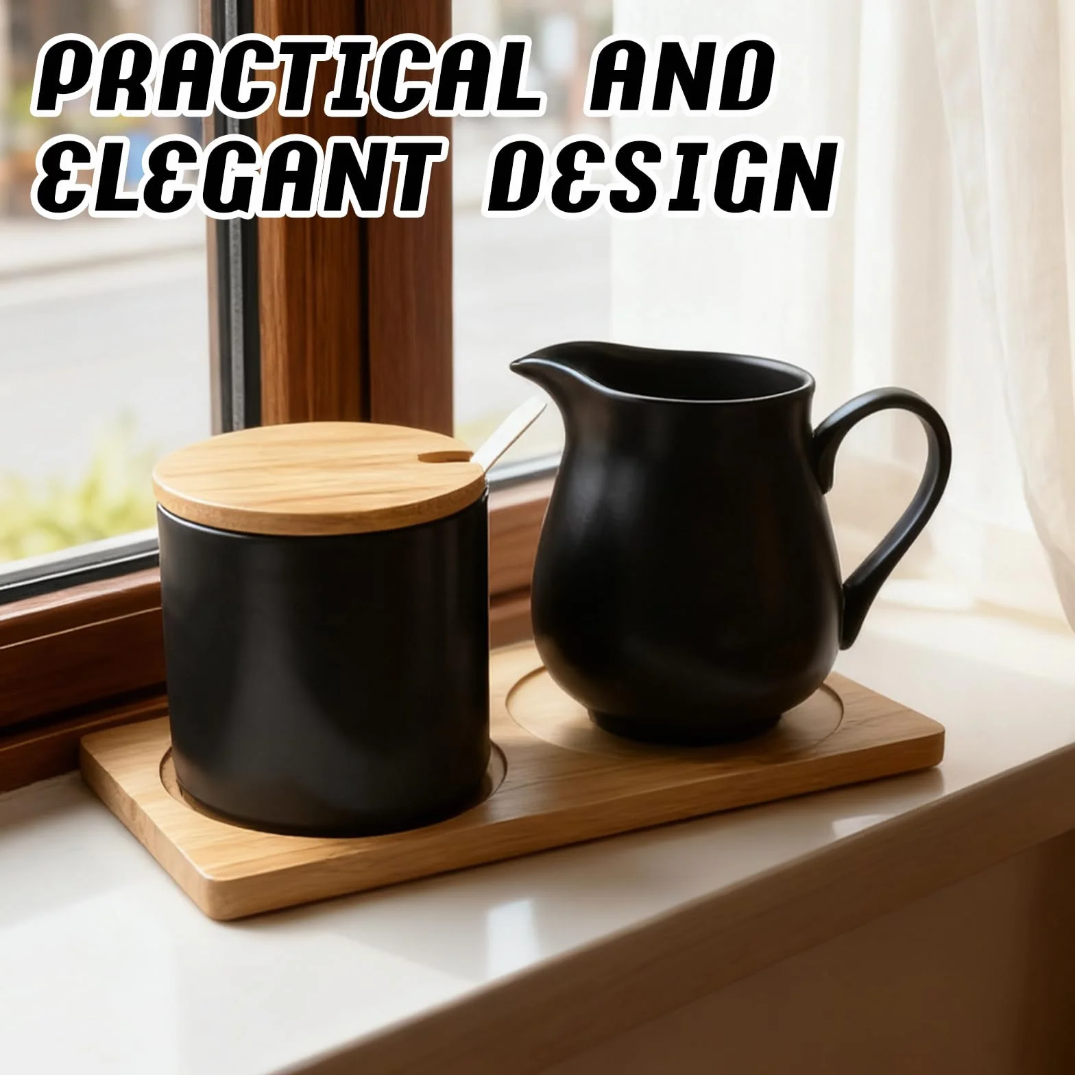 BAIFULAI Zestaw do mleka i cukru z pokrywką i łyżeczką, dzbanek na mleko czarny ceramiczny i cukiernica z drewnianą tacą, zestaw do cukru i mleka, ceramiczny dzbanek na śmietanę, pojemnik na mleko