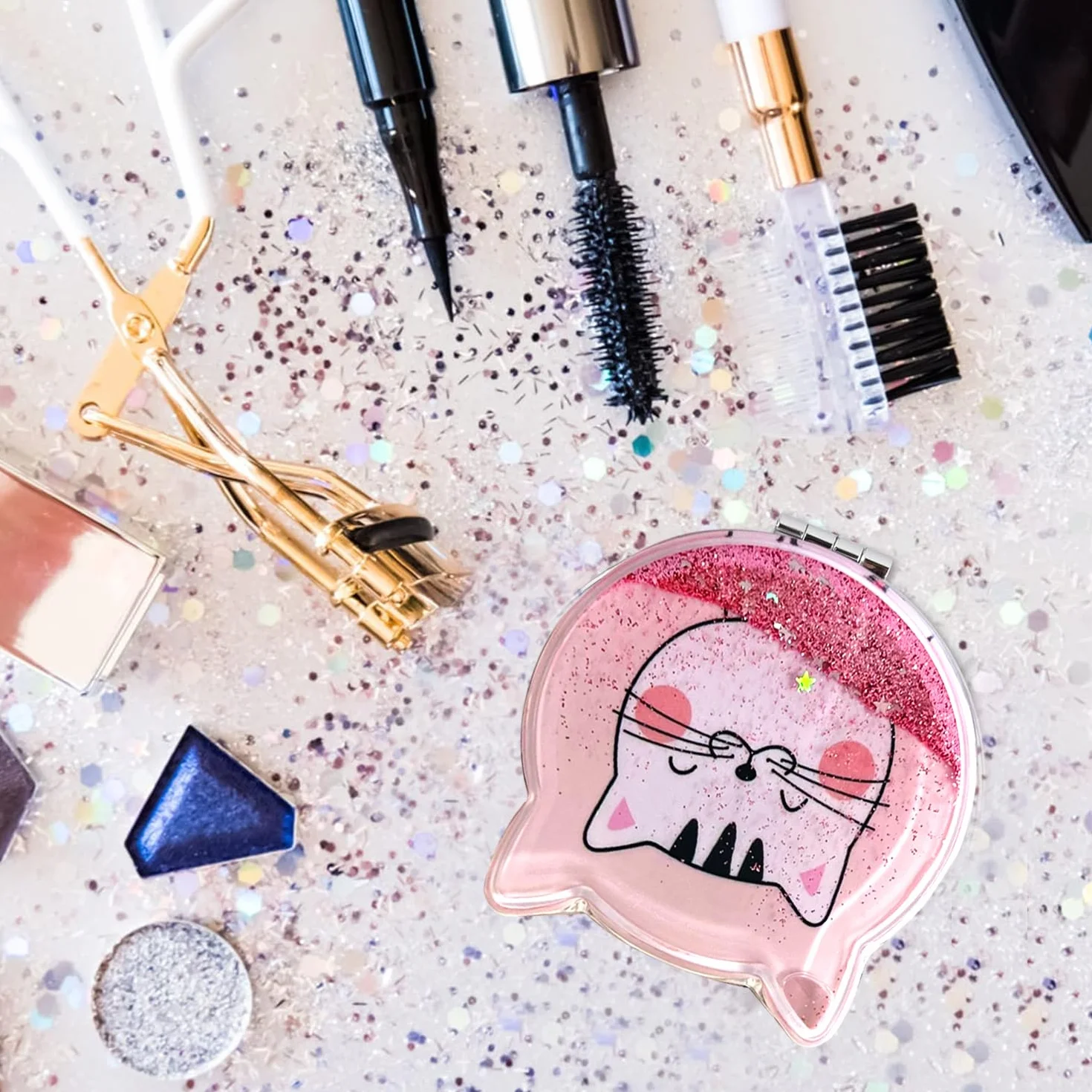 Miroir Maquillage Poche - Mini Pliable Grossissant, 7 x 7,5 cm, Łatwy Transport. Meilleurs Cadeaux Do Garçons Et Filles (Różowy)