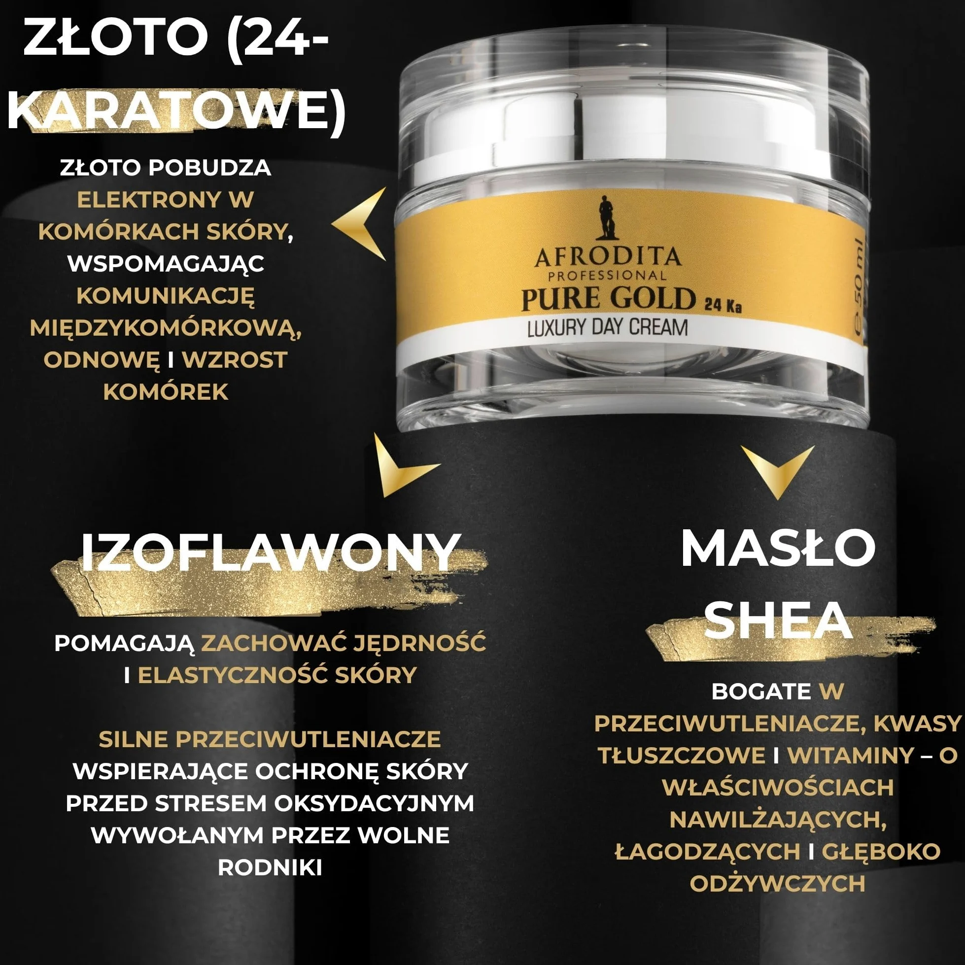 Afrodita Professional Pure Gold 24 Ka luksusowy krem na dzień l 50 ml l wydajna formuła przeciwstarzeniowa z cząsteczkami czystego 24-karatowego złota