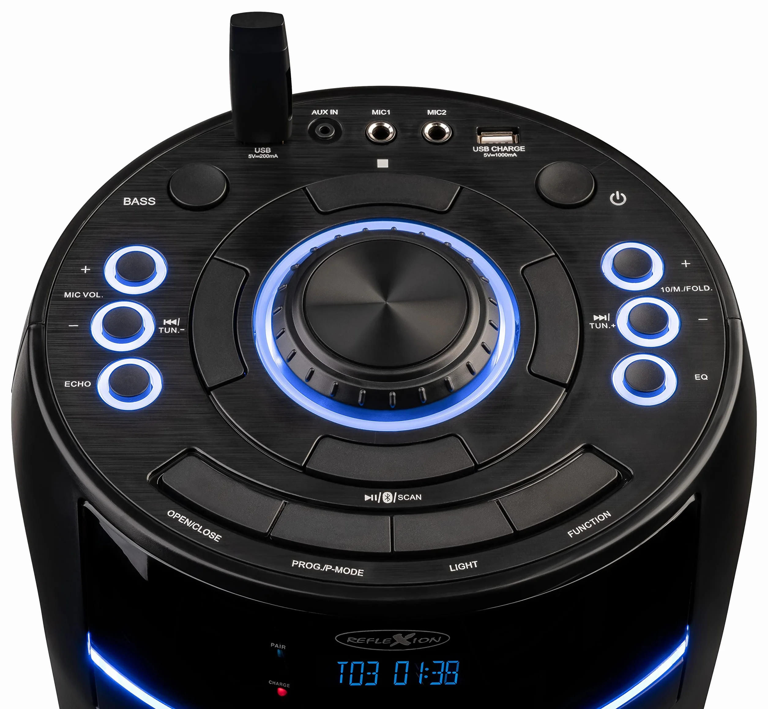 REFLEXION PS10BTCD przenośny głośnik Bluetooth, oświetlenie dyskotekowe LED, z wbudowanym odtwarzaczem CD, wszechstronne złącza, akumulator do 10 godzin muzyki, czarny