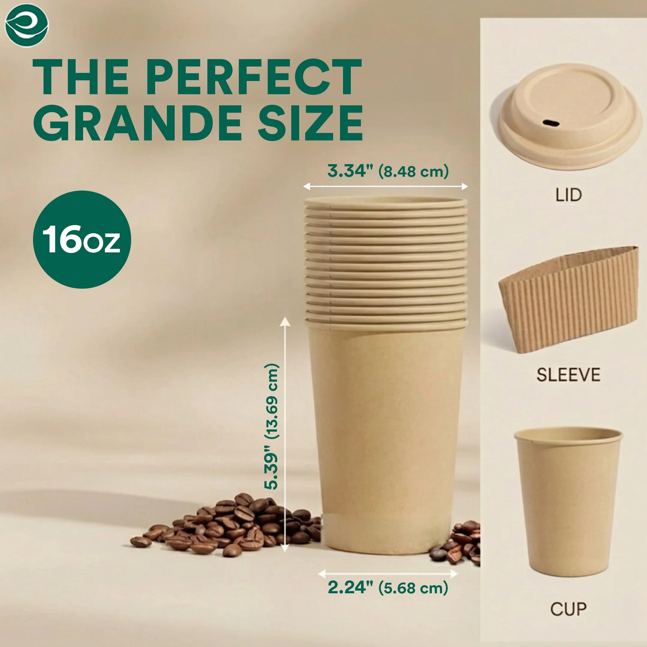 ECO SOUL W 100% kompostowalne kubki na bazie roślin (bez PFAS) 473 ml z kompostowalnymi rękawami i pokrywkami, 100 sztuk, jednorazowe papierowe kubki | przyjazne dla środowiska kubki, wytrzymałe,