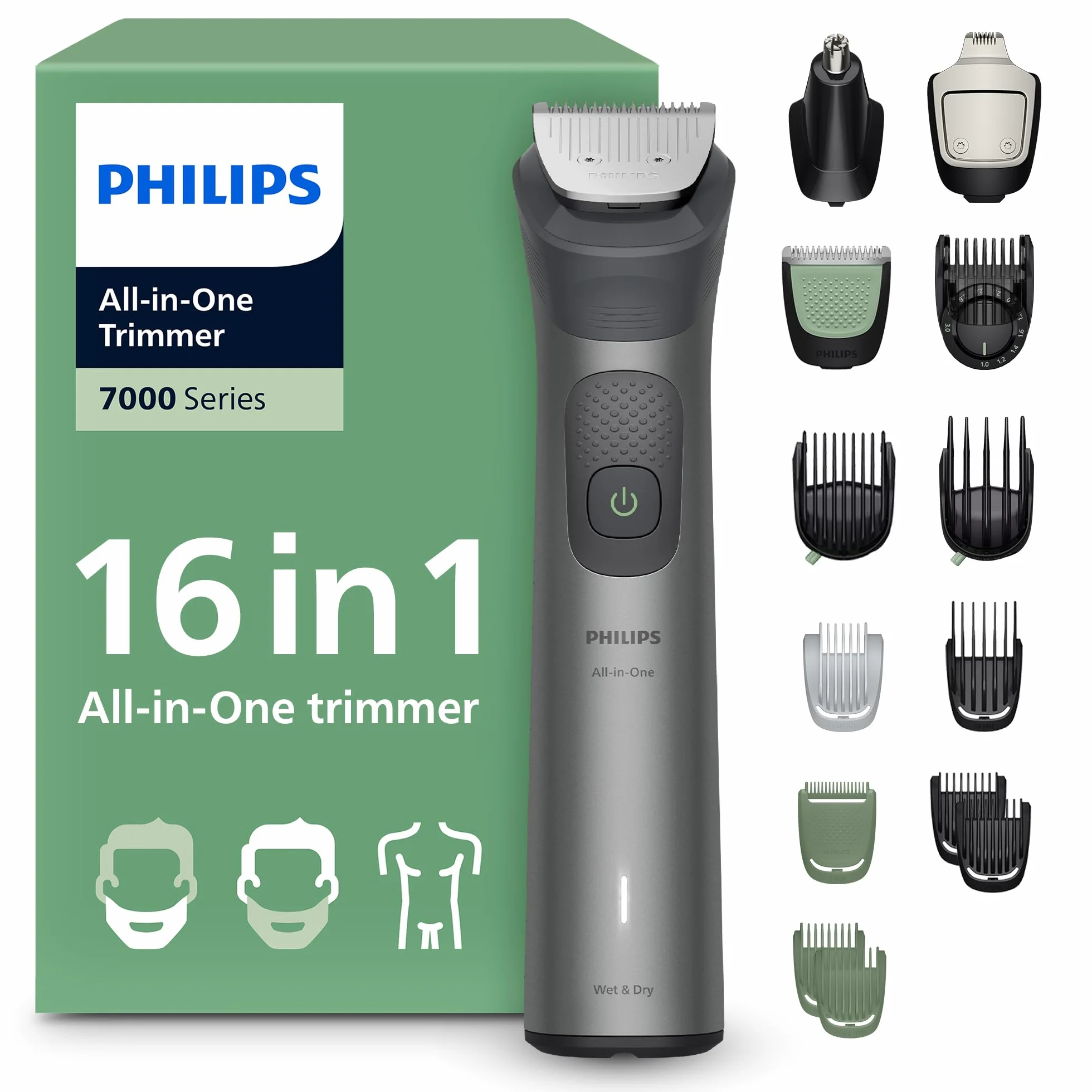 16-elementowy trymer Philips Multigroom All-in-One z serii 7000: trymer do twarzy, głowy i ciała, samoostrzące się metalowe ostrza, 21 ustawień długości (0,5-16 mm), model MG7931/15
