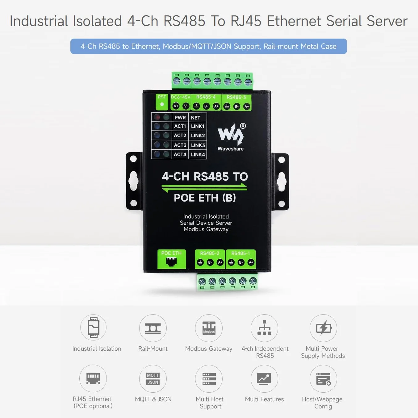 Waveshare 4-Ch RS485 to RJ45 Ethernet Serial Server, 4 Channels RS485 Independent Operation, Rail-Mount Industrial Isolated Serial Module, Modbus Gateway, PoE Ethernet Port