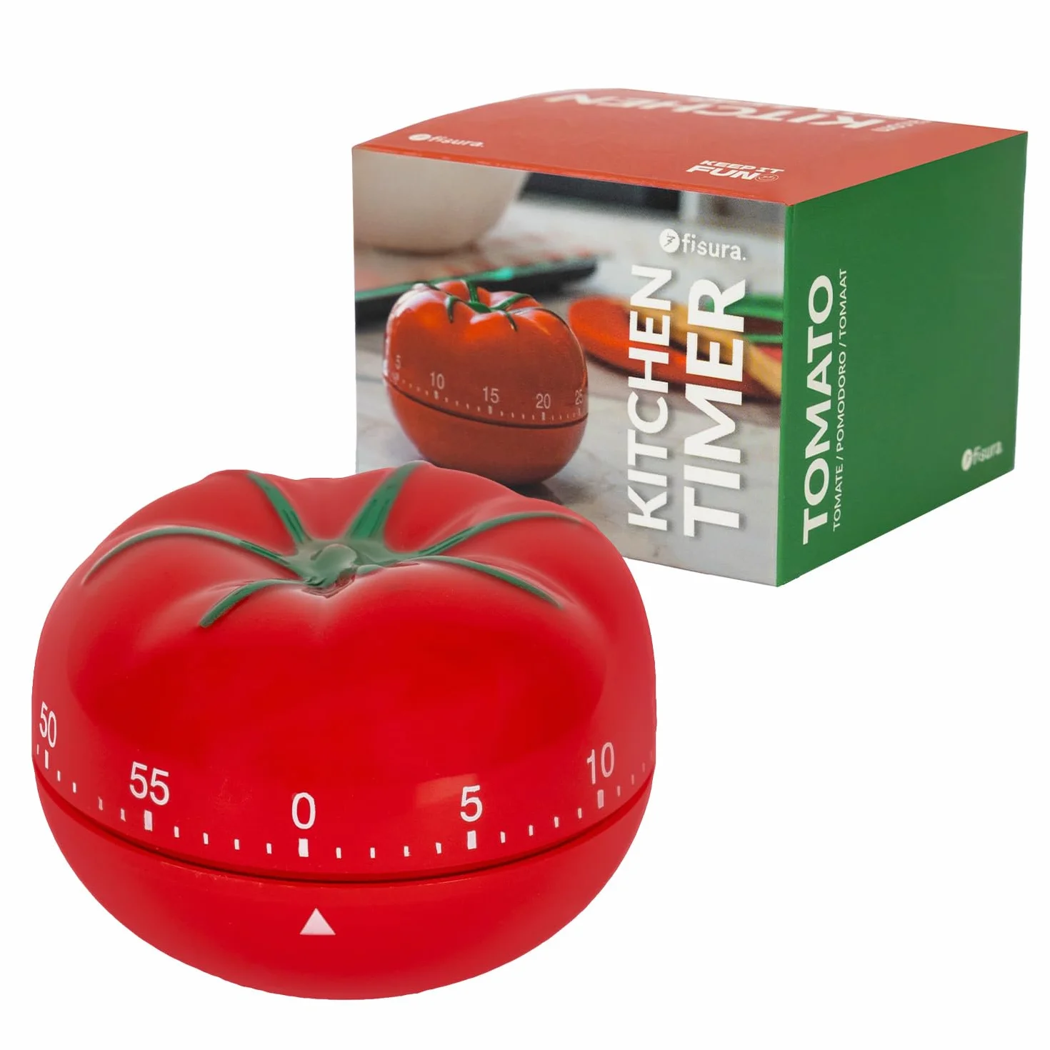 Fisura – Oryginalny minutnik kuchenny w kształcie pomidora. Timer ręczny analogowy 60 minut. Pomoc do gotowania, nauki, zabawy i pracy metodą Pomodoro.