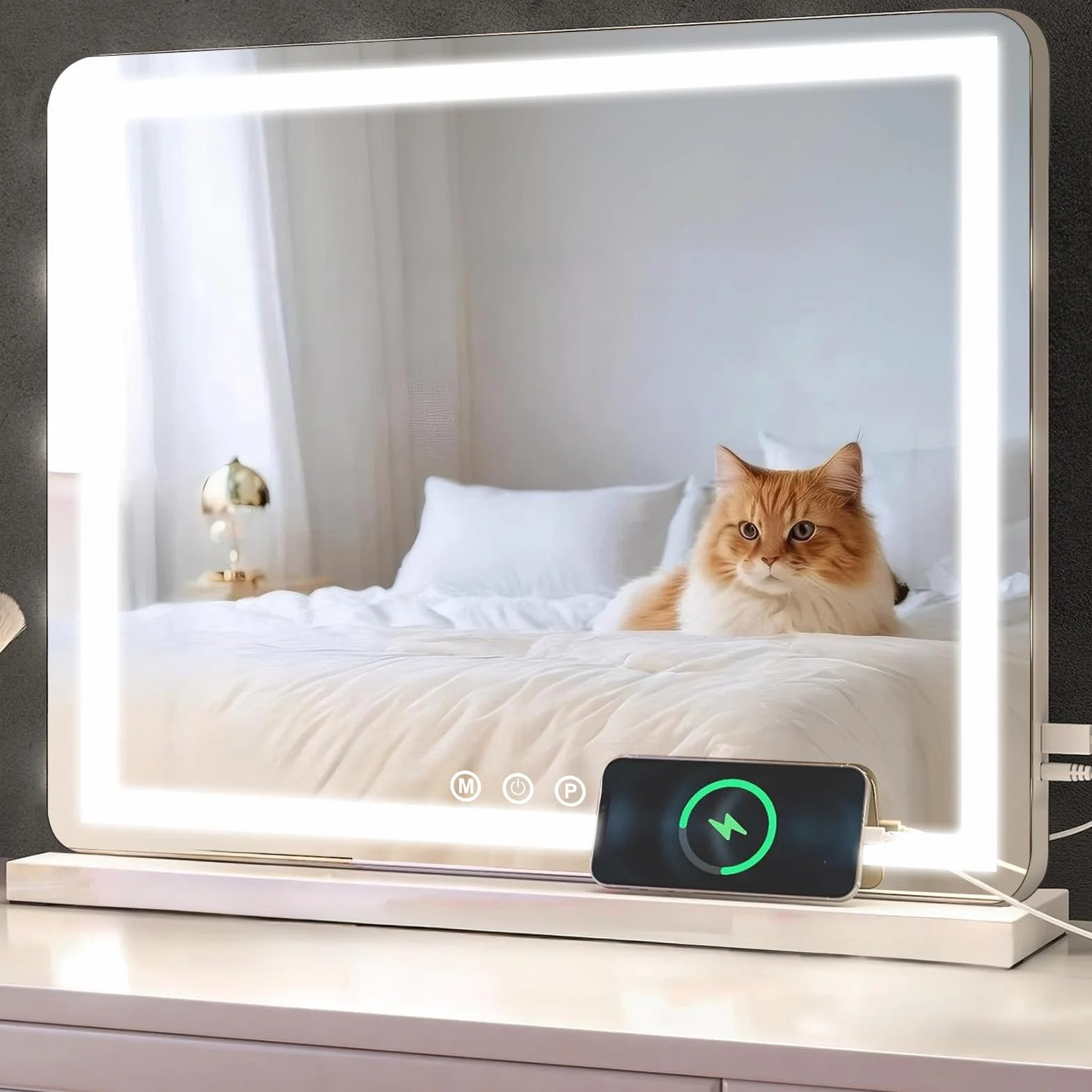 Lusterko do makijażu z oświetleniem LED Hollywood 50x40 cm 3 tryby ściemniania USB 10x powiększenie