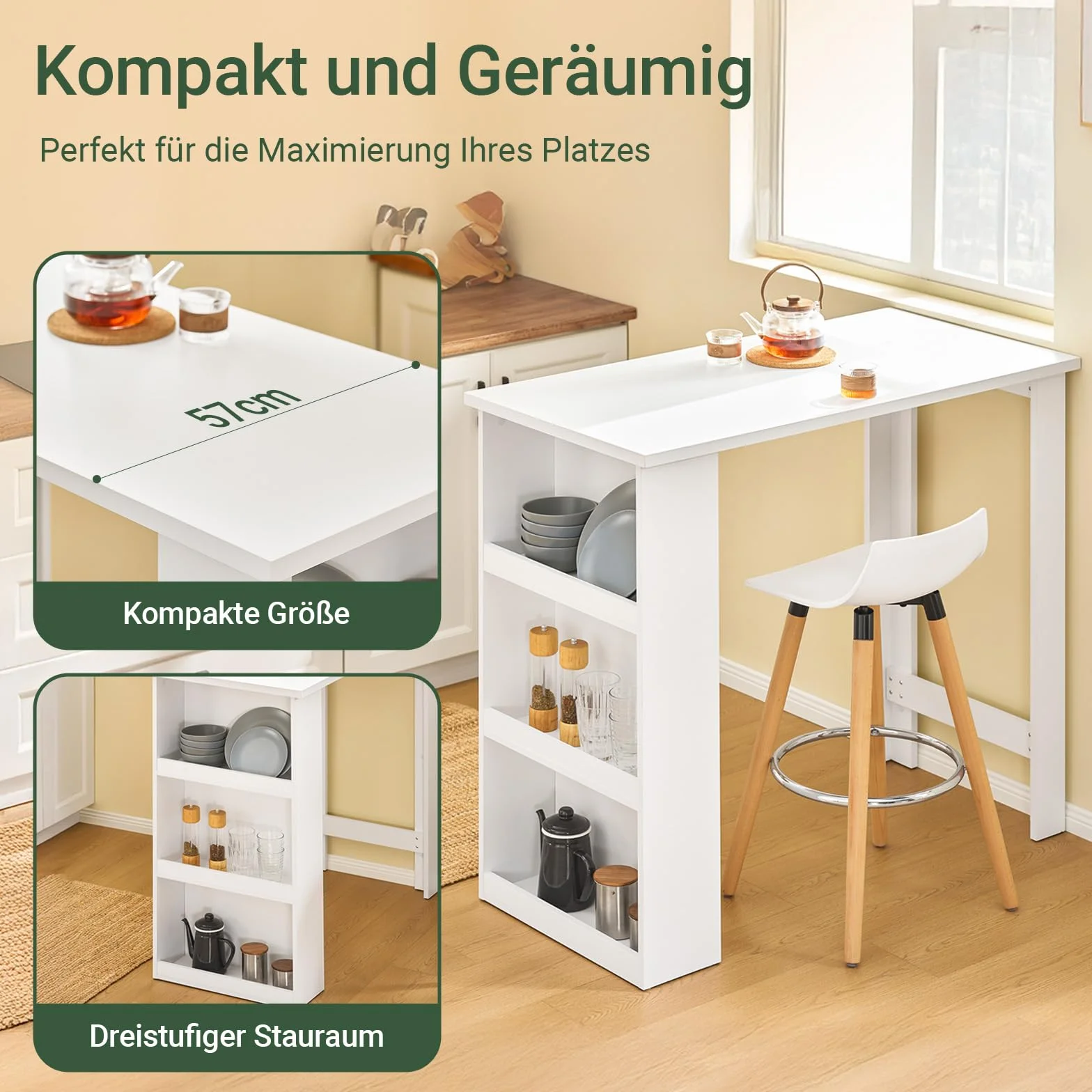 SoBuy Wysoki Stół Kuchenny Barowy z Półkami, Biały, 112 x 57 x 106 cm FWT17-II-W