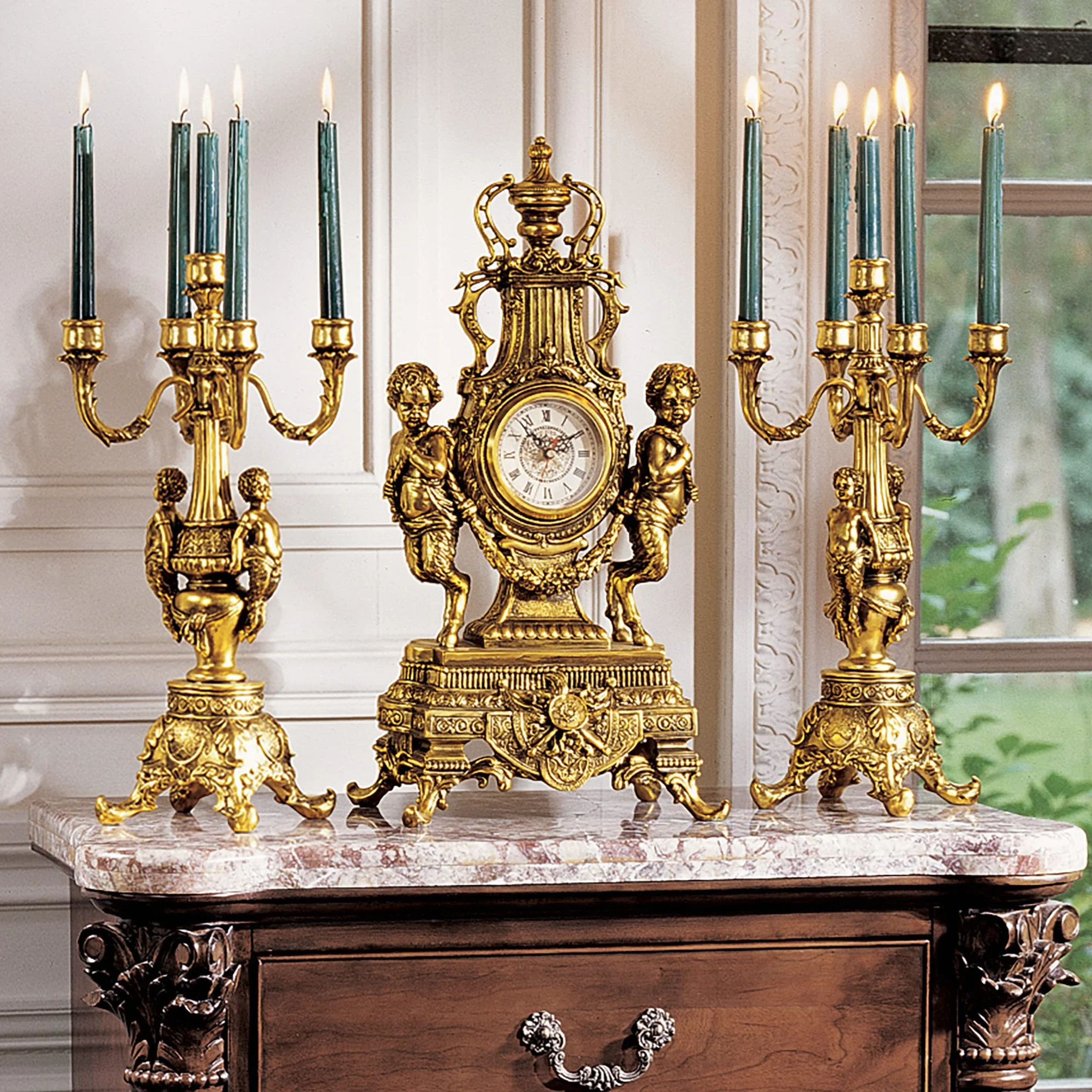 Design Toscano Grande Chateau Beaumont Zegar kominkowy 61 cm żywica poliestrowa złoty