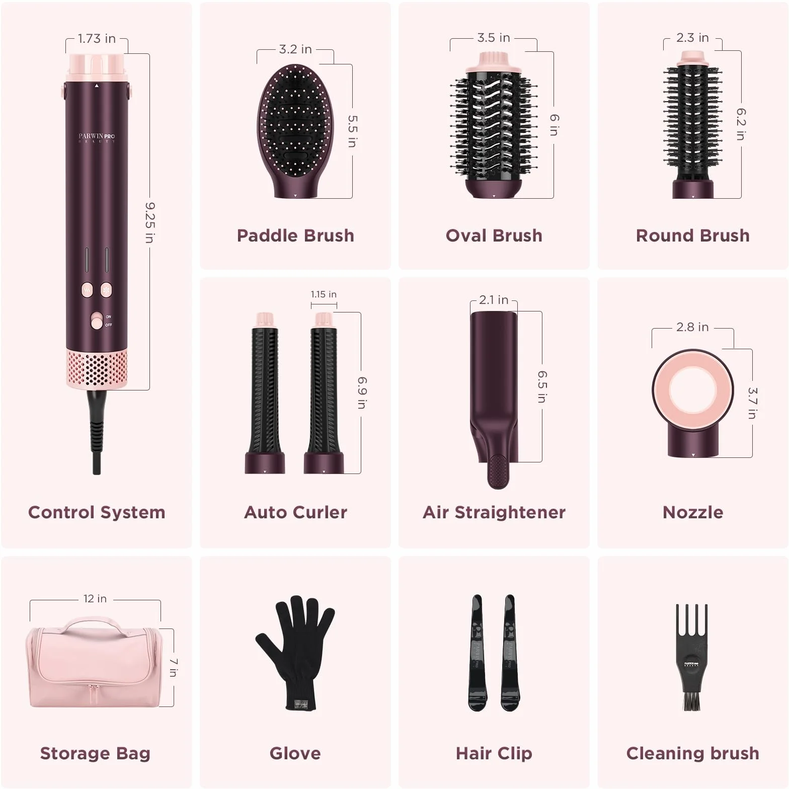 PARWIN PRO BEAUTY MaxAIR 2.0 Airstyler, 7 w 1, zestaw do stylizacji włosów, automatyczne zwijanie, lokówka, prostownica, suszarka do włosów, szczotka do włosów, do stylizacji, wygładzania, z torbą