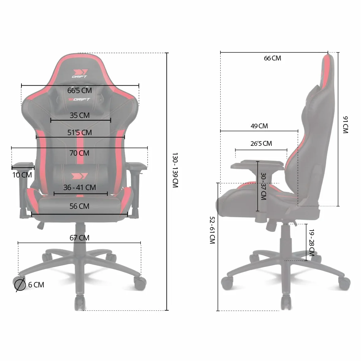 DRIFT Gaming Chair DR350 -DR350BR - Profesjonalny fotel do gier, imitacja skóry, podłokietniki 4D, ciche kółka, tłok klasy 4, pochylenie, poduszka lędźwiowa/szyjna, kolor czarny/czerwony