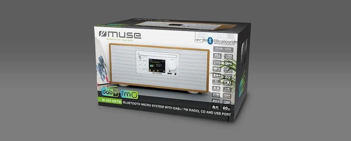 Micro System, odtwarzacz CD, radio DAB FM PLL, Bluetooth, MUSE - (M-695 DBT), wyświetlacz LCD, funkcja automatycznego parowania NFC, 60 W, biały