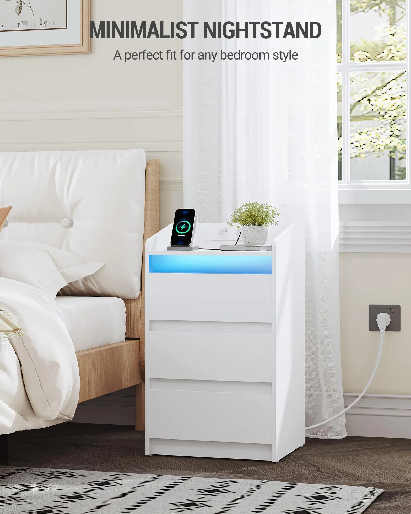 Hzuaneri Stolik nocny z 3 szufladami ze stacją ładującą LED, 2 porty AC i 2 USB, Biały, 2 szt