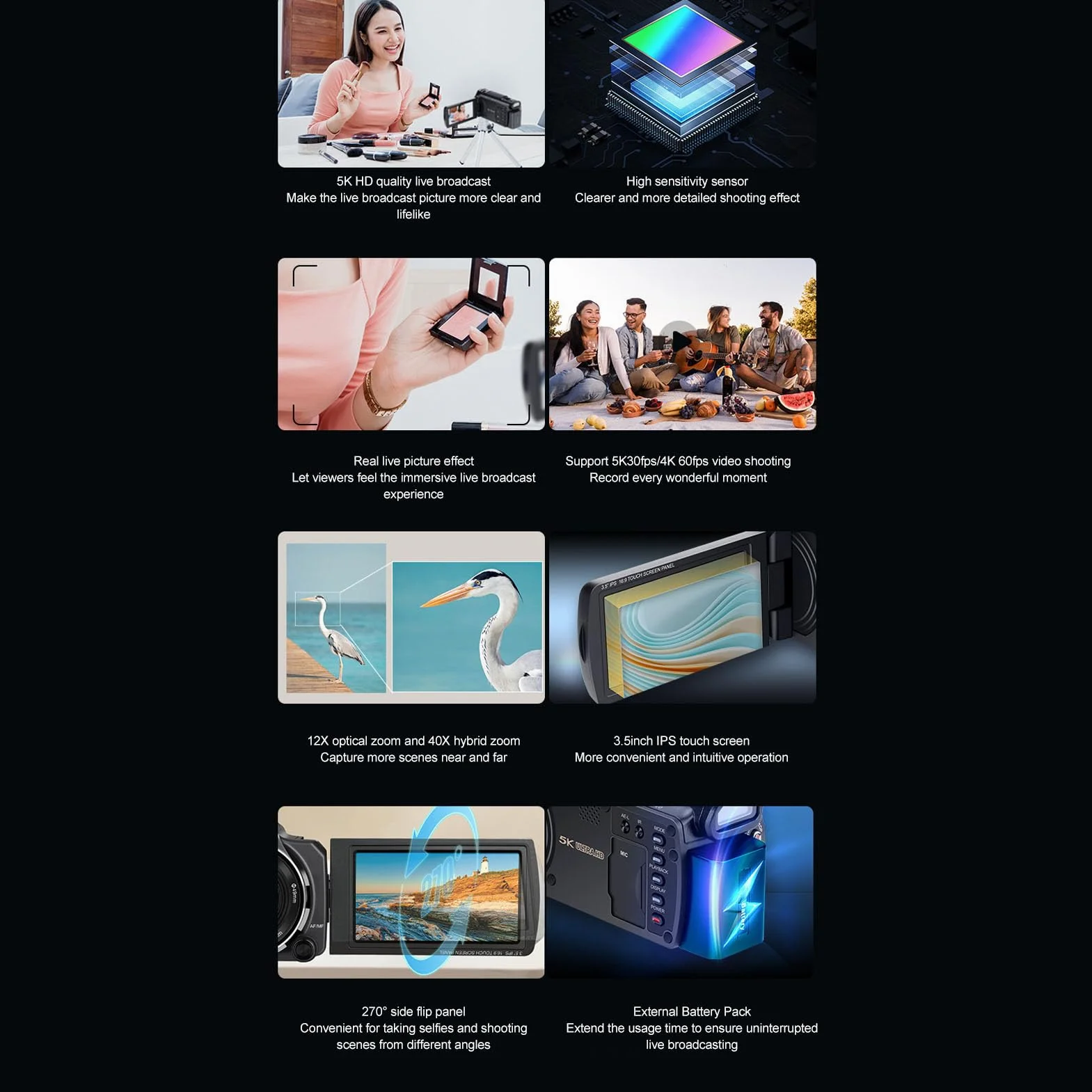 Kamera Wideo 5K, 12X Optica, Inteligentny Zoom 40X, Kamera do Vlogowania, 48 MP, 30 Kl./s z automatyczną regulacją Ostrości i 3,5-calowym Mikrofonem IPS z Ekranem Dotykowym do