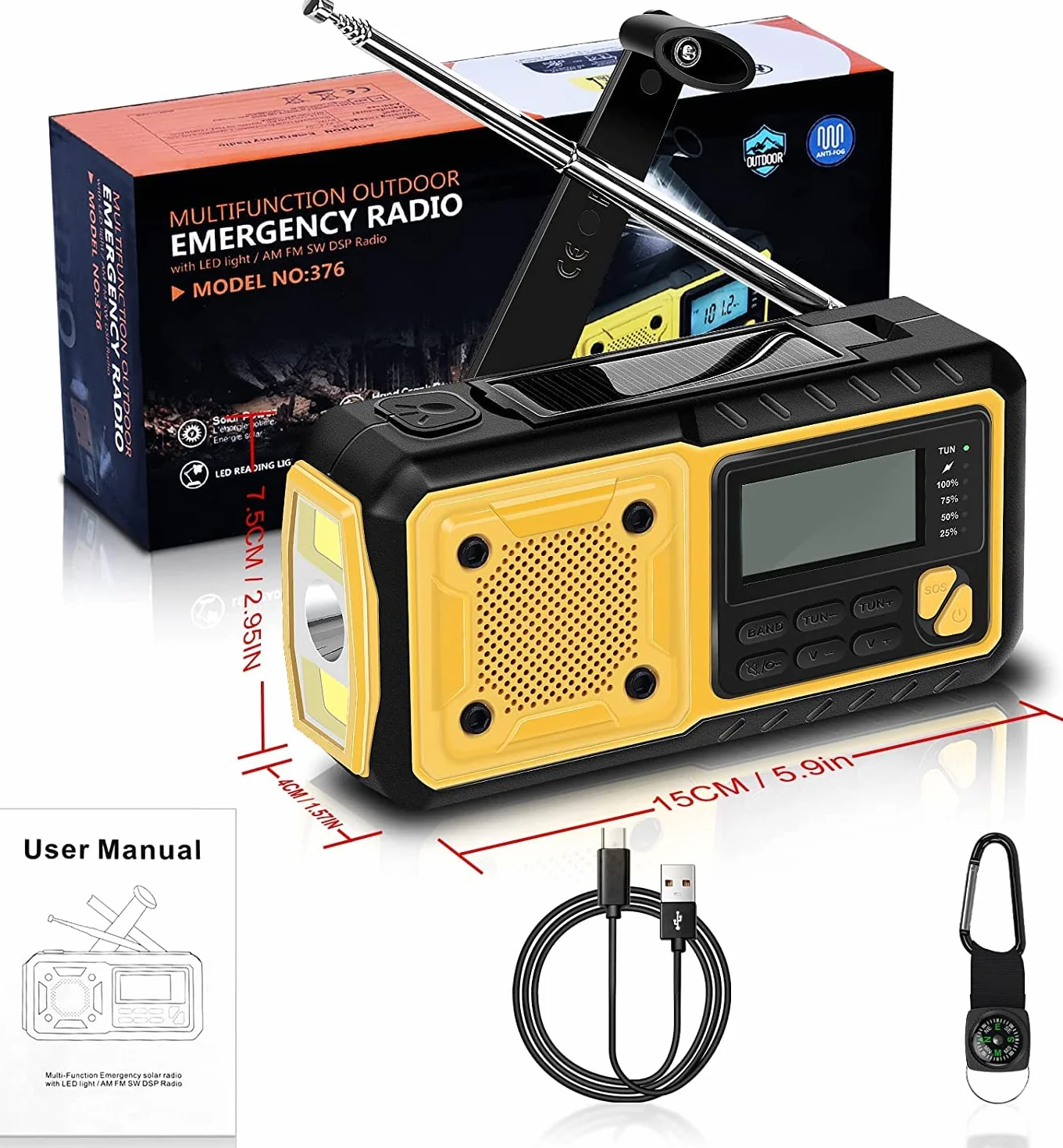 Solarne radio przenośne radio z korbą, radio AM/FM o pojemności 5000 mAh, ładowalna bateria, power bank, radio awaryjne z oświetleniem LED, alarm SOS i kompas, przyłącze do użytku zewnętrznego