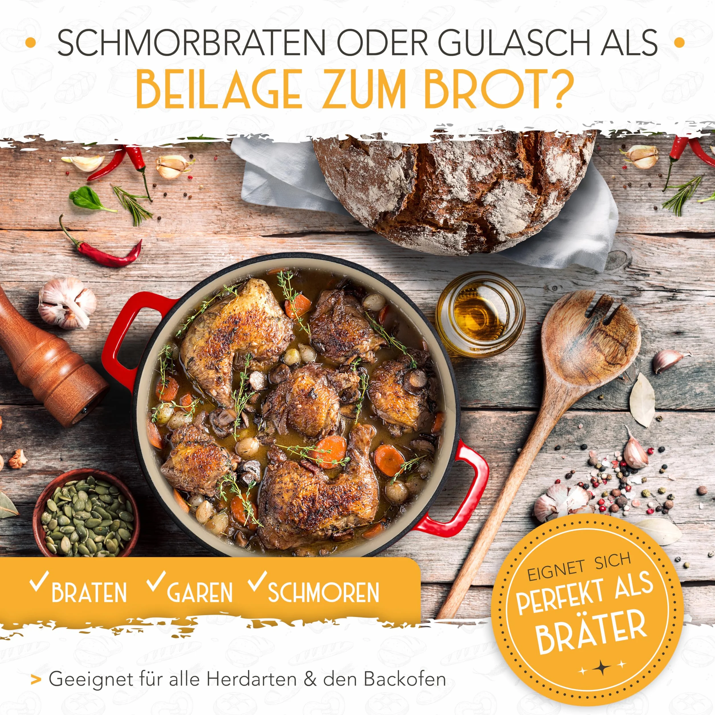 KRUSTENZAUBER Żeliwny garnek emaliowany 26 cm z koszem fermentacyjnym