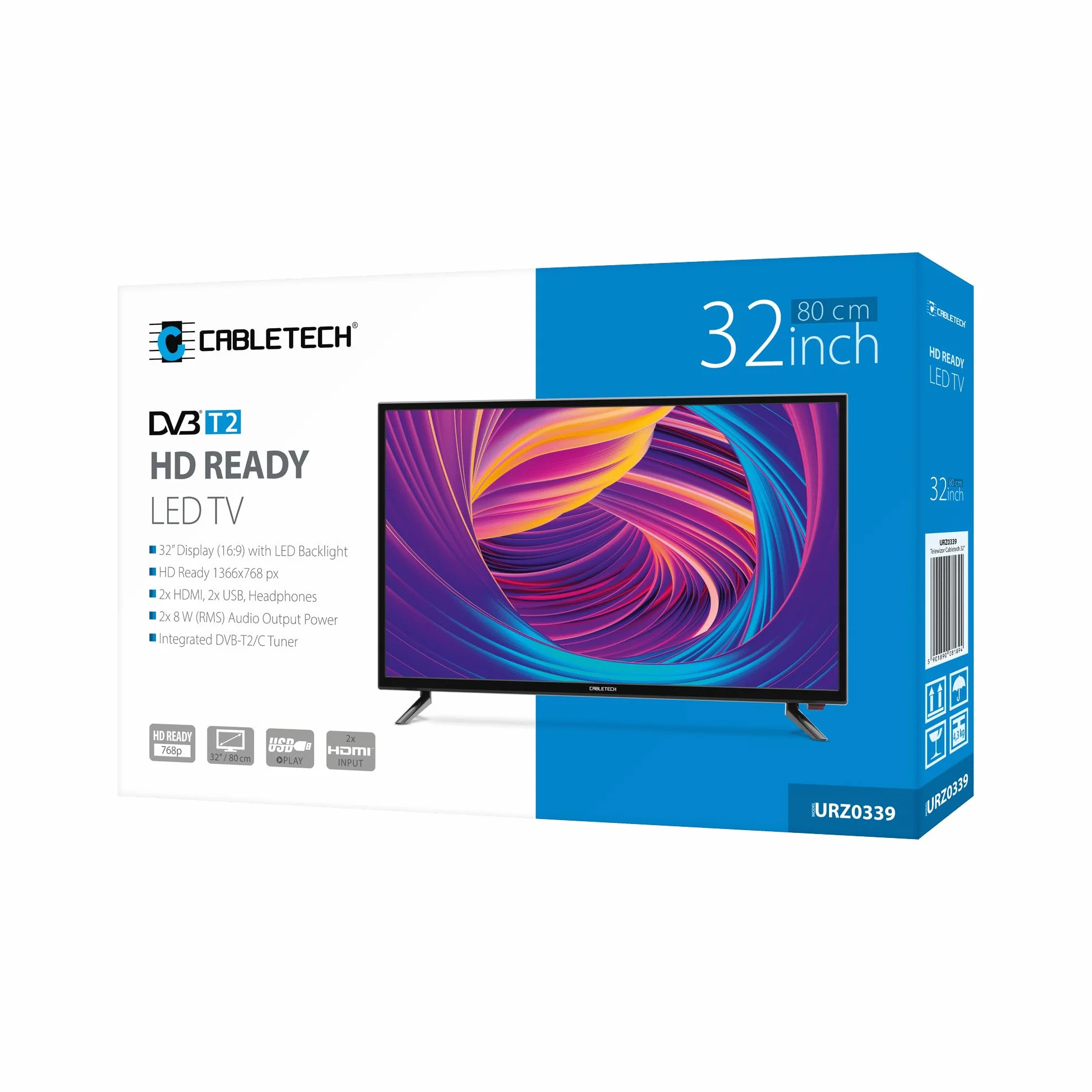 Cabletech Telewizor 32" HD URZ0339.1 1366x768 px DVB-T2 H.265 HEVC Podświetlenie D-LED Odświeżanie 60 Hz