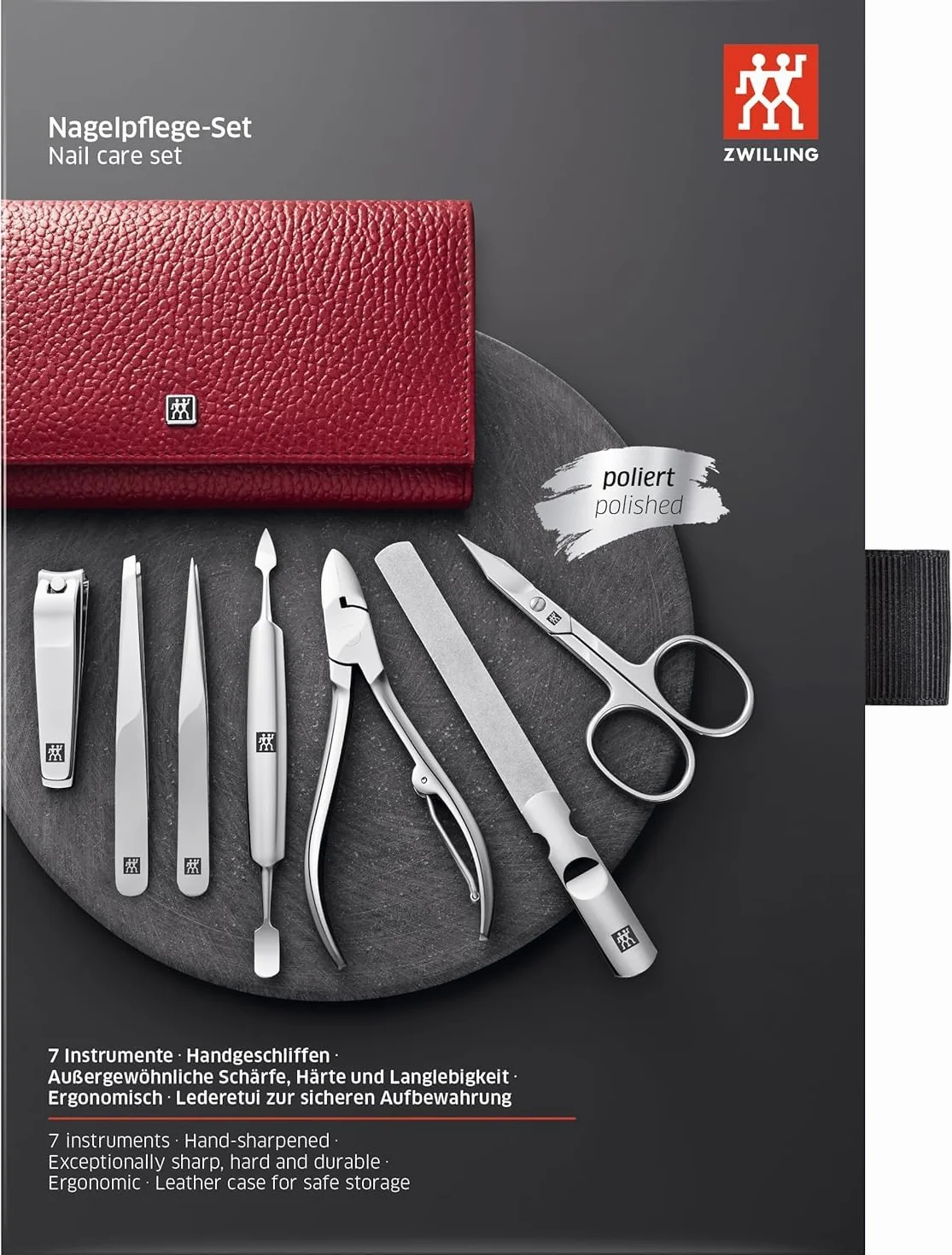 ZWILLING Zestaw do manicure (7 części, zestaw do pedicure, etui podróżne, pielęgnacja paznokci, skóra naturalna), polerowana stal nierdzewna, czerwony