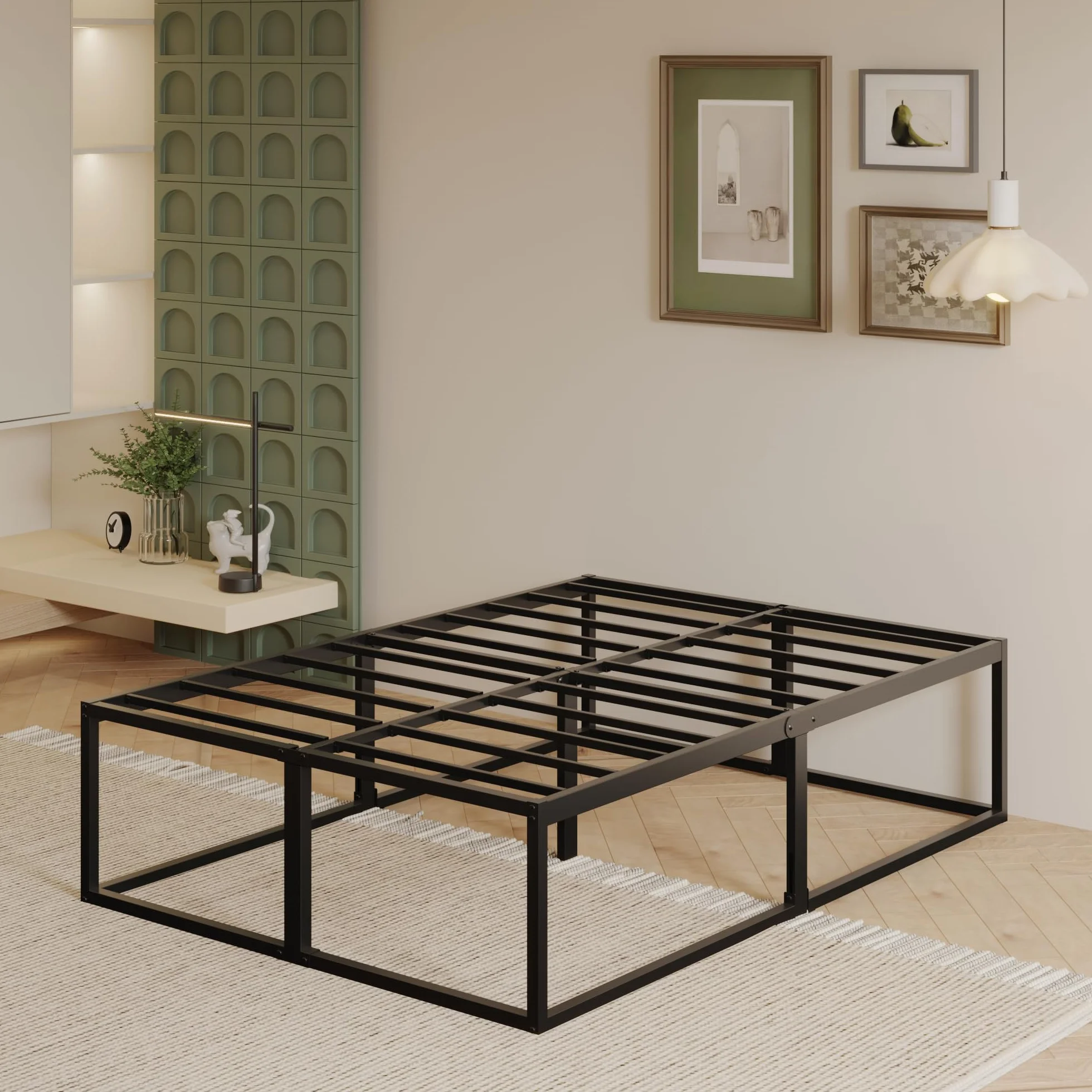 EMODA Rama łóżka podwójnego 160 x 200 cm, metalowe łóżko platformowe 46 cm, stalowe listwy, czarne