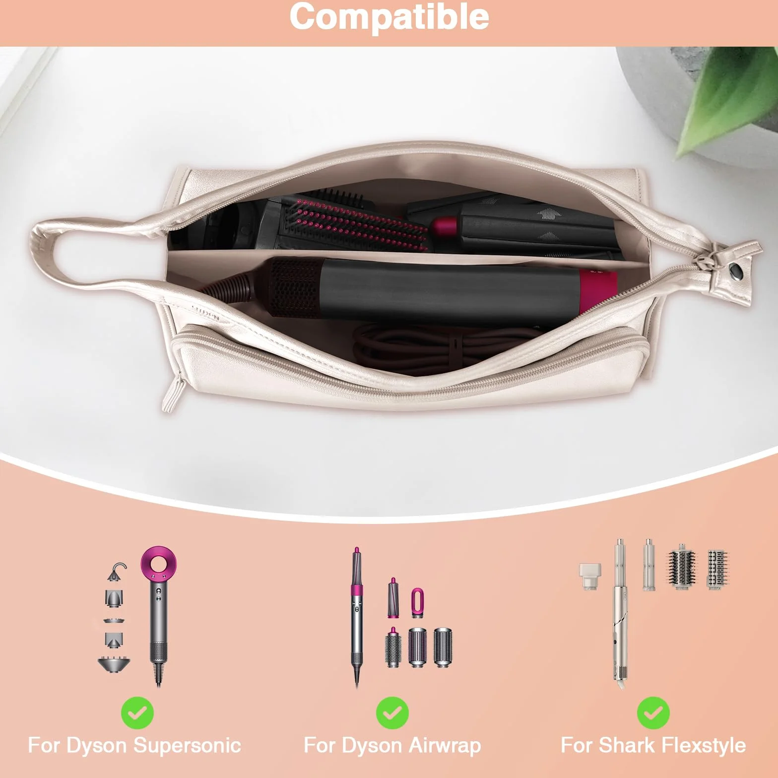 SITHON Torba Podróżna do Dyson Airwrap Styler/Shark Flexstyle Speedstyle, Wodoodporna Skórzana PU, Z Kieszenią, Na Suszarkę Dyson Supersonic, Szampański