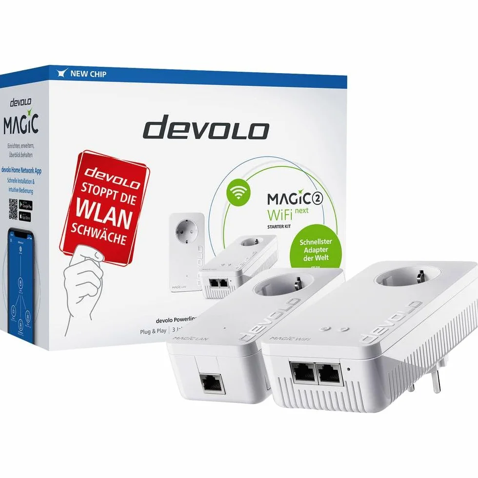 Devolo Magic 2 WiFi Next Starter Kit do sieci bezprzewodowej sieci LAN High Speed Przewody Prądu (2400 Mb/s, 3 połączenia LAN, Technologia G.hn)