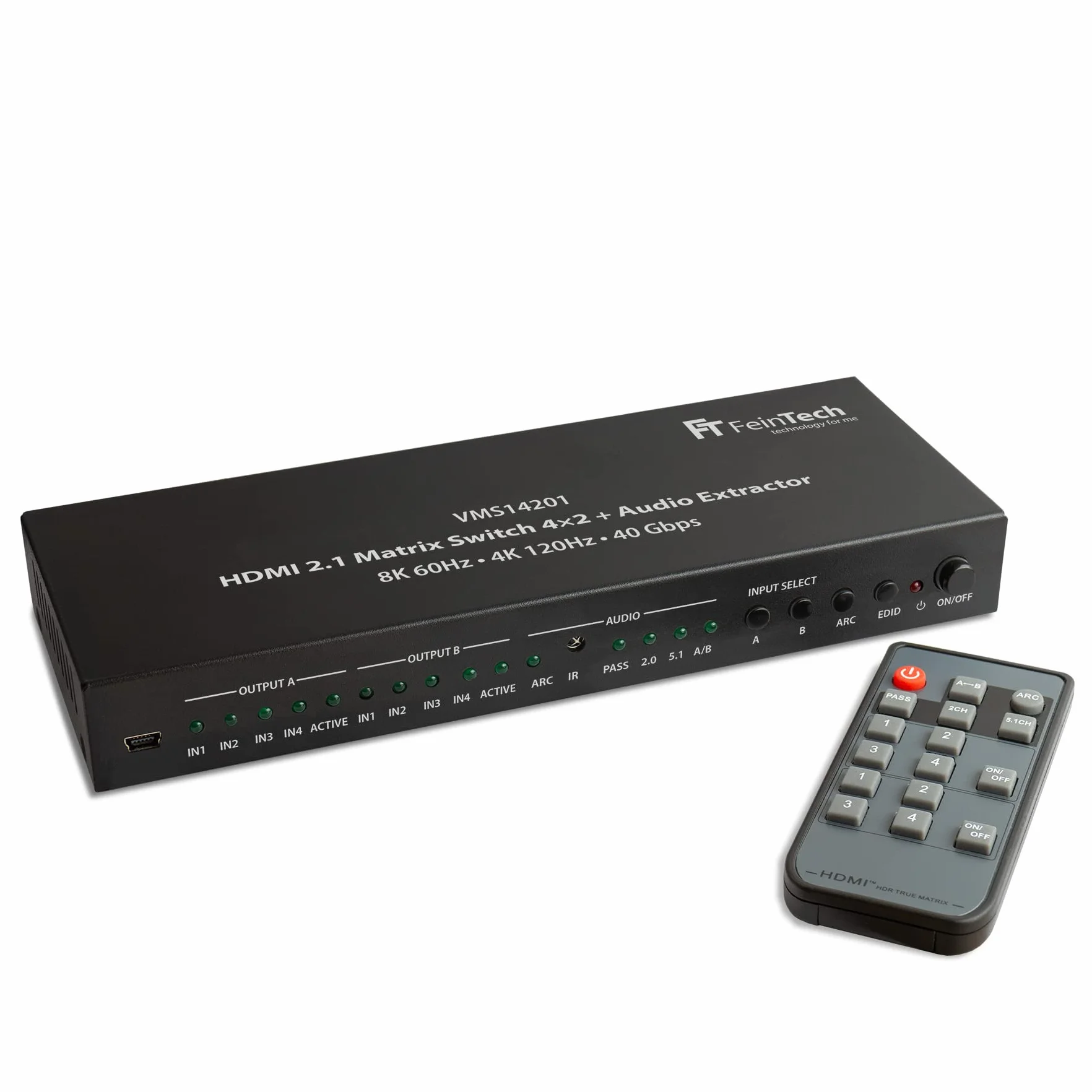 FeinTech VMS14201 HDMI 2.1 Matrix Switch 4 x 2 przełącznik 4K 120 Hz 8K Ultra HD 4 w 2 Out Audio Extractror ARC Toslink SPDIF Downscaler do Xbox PS5 TV Monitor HDR VRR 40 Gbps