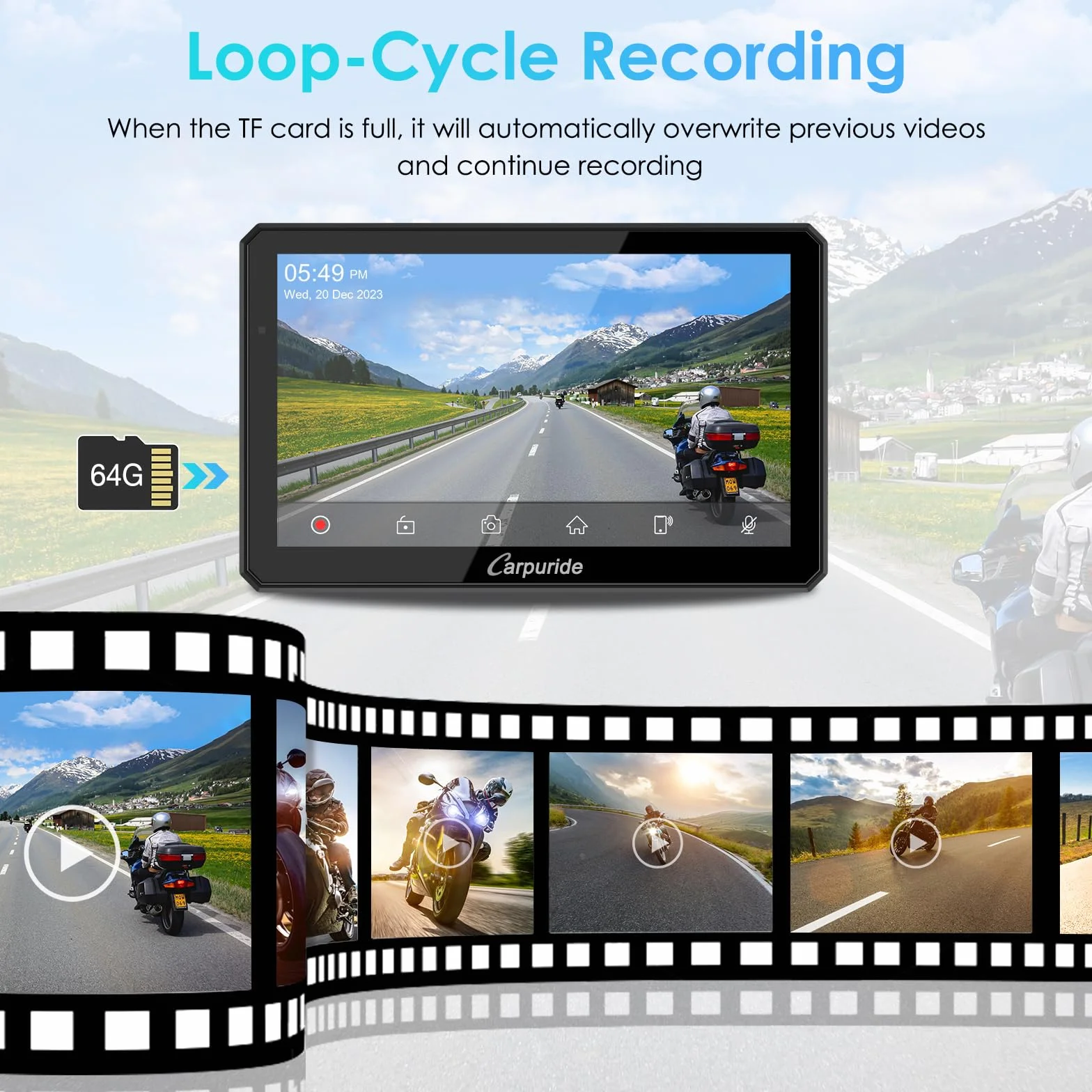 Carpuride W712D Motocyklowy ekran Carplay z kamerą samochodową 1080P HD z przodu i z tyłu, bezprzewodowy CarPlay i Android Auto, wodoodporny ekran dotykowy 17.8 cm, BT Audio, przewodowy kontroler