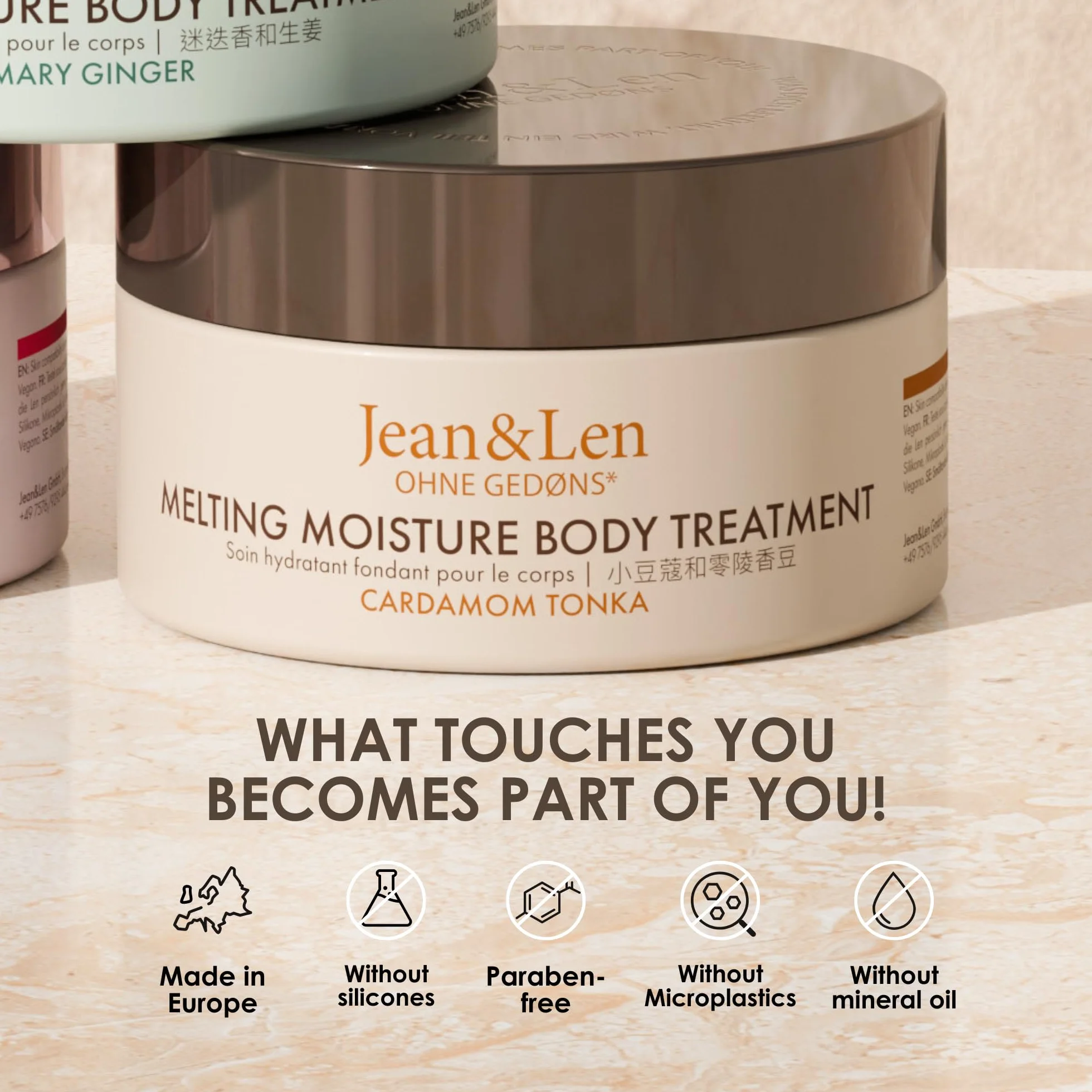 Jean & Len Melting Moisture Body Treatment Cardamon & Tonka, pachnący efekt pielęgnacji, do skóry normalnej, wysokiej jakości tygiel, pielęgnujące masło do ciała, bez parabenów i silikonów, wegańskie,