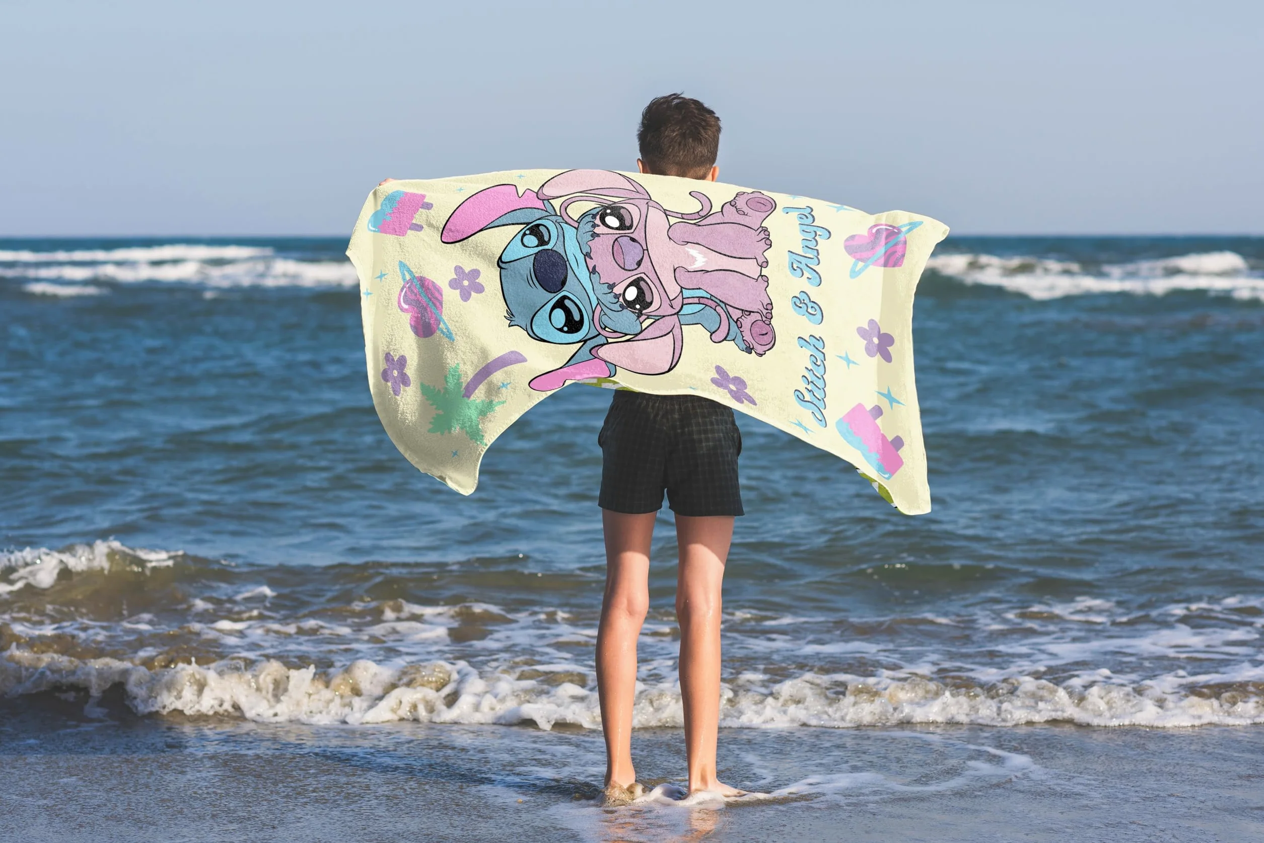 Jay Franco Disney Lilo i Stitch ręcznik plażowy 100% bawełniany 71x147 cm miękki ręcznik kąpielowy żółty