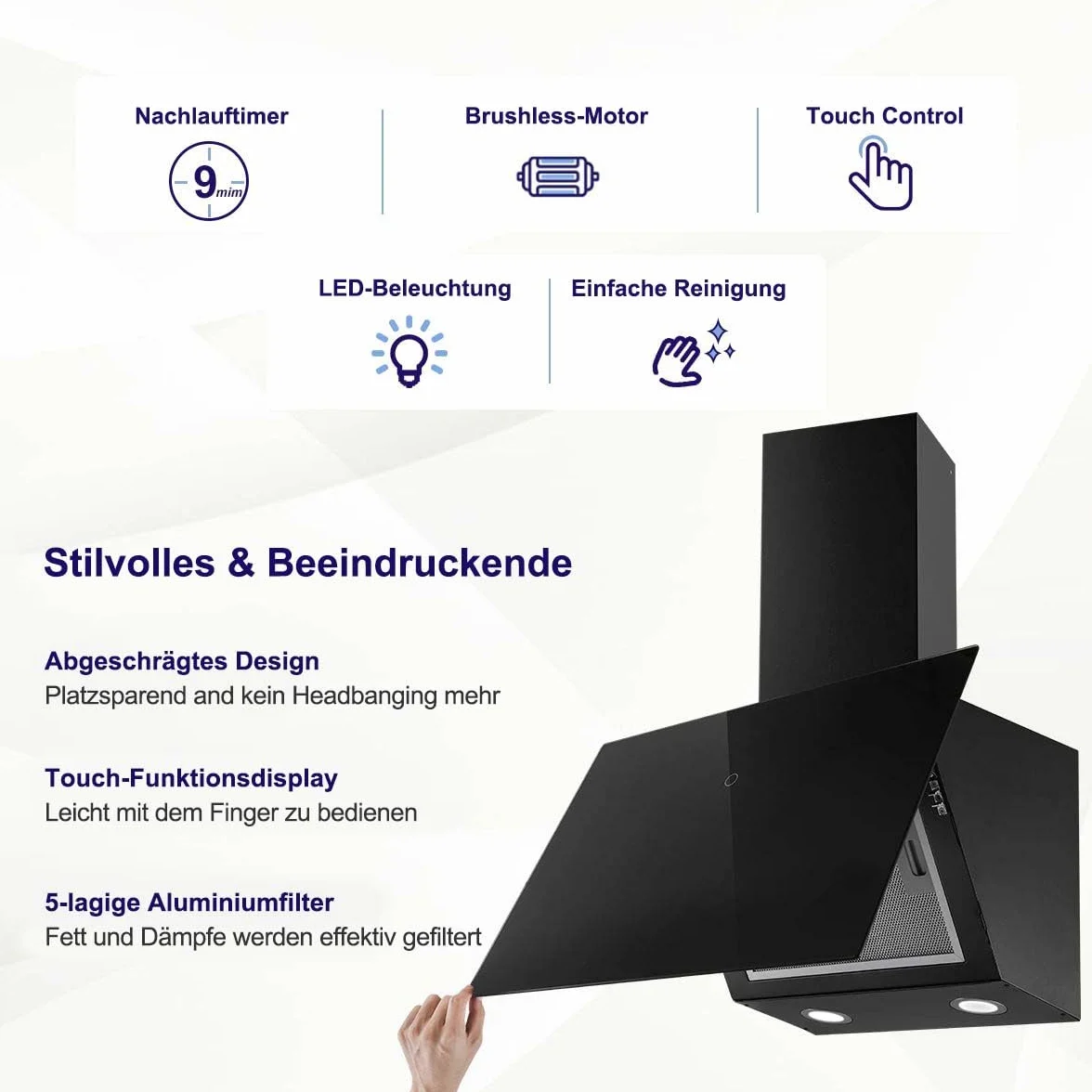 Okap kuchenny 60 cm 550 m³/h A++ z filtrami węglowymi, sterowanie dotykowe, czarny
