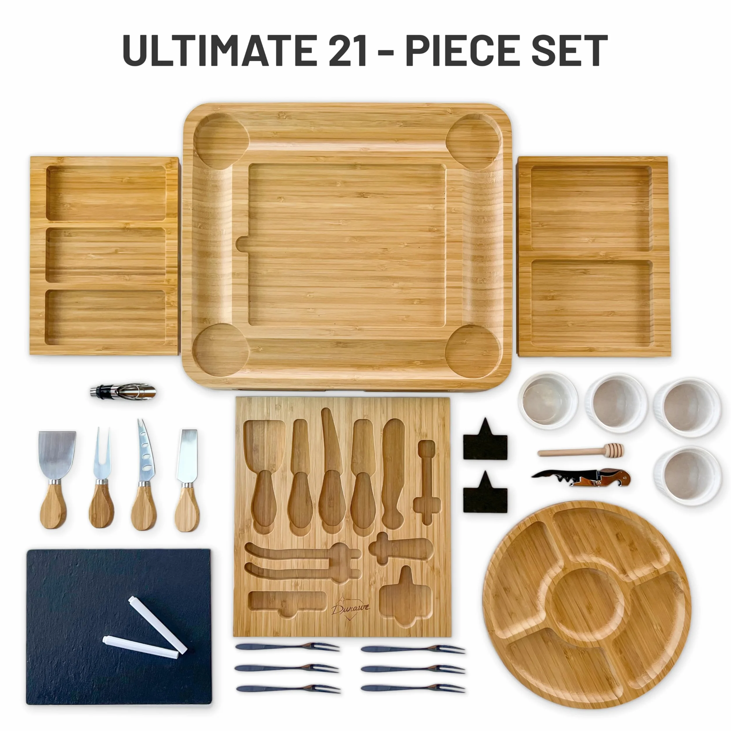 Bambusowa deska do sera i zestaw noży ceramiczne miski otwieracz do wina - 100% organiczna taca do serwowania, deska do wędlin, idealny wybór dla smakoszy, prezentów urodzinowych, prezentów ślubnych