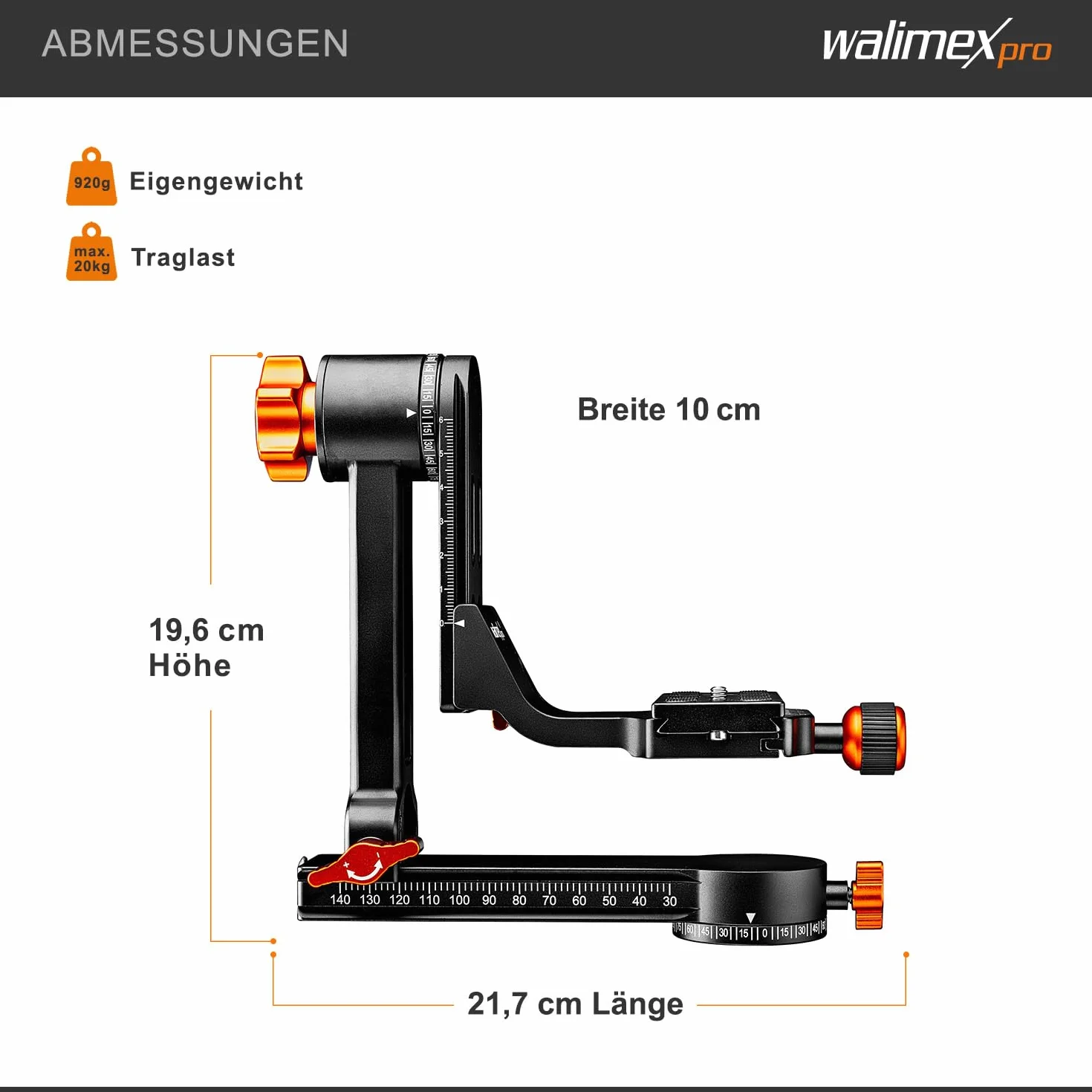 Walimex pro Aluminiowa głowica statywu Gimbal Head A20 – wysokiej jakości 360 stopni panoramiczna głowica statywu, huśtawka małpowa z płytą szybkozmienną Arca, nośność 20 kg, z torbą, do obiektywu DSLR DSLM Spektywnego