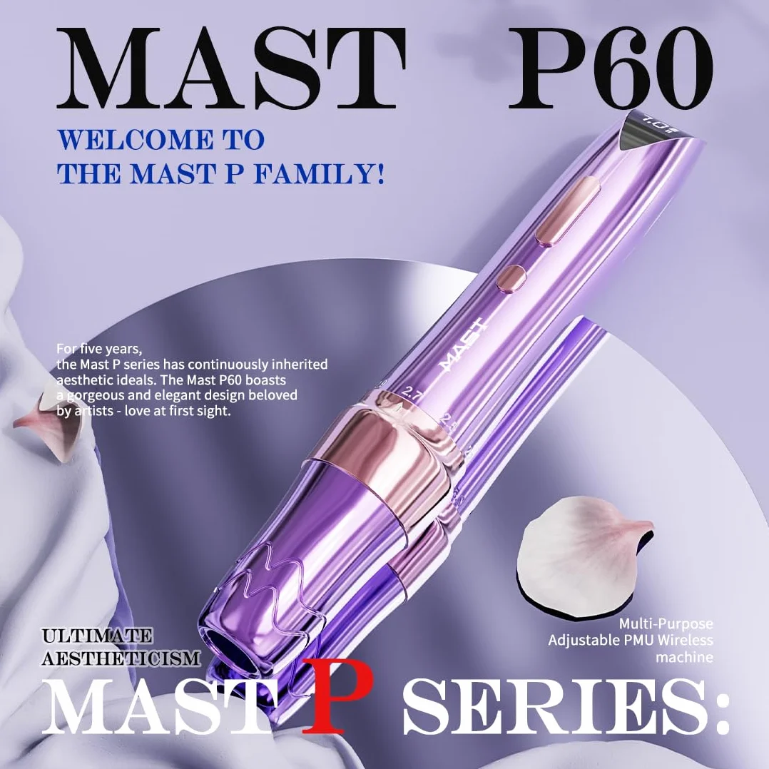 Mast P60 zestaw maszynki do tatuażu, bezprzewodowy długopis do tatuażu, mikroblading, z bezprzewodową baterią, do brwi, warg, oczu, skóry głowy, małych tatuaży (złoty)