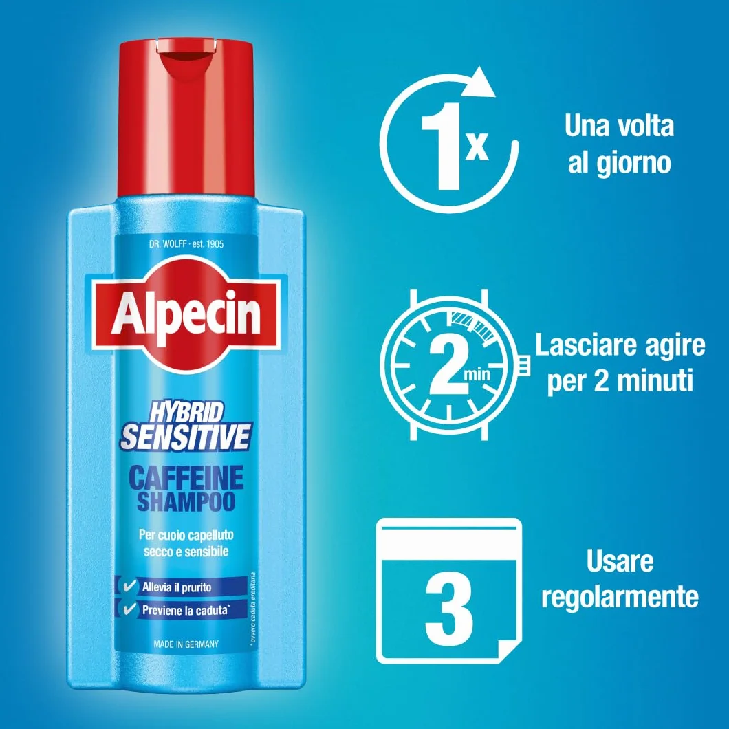 Alpecin Szampon Hybrid Coffein 1 x 250 ml – Odpowiedni dla wrażliwej skóry głowy lub swędzenia, to szampon kofeinowy, który zapobiega wypadaniu włosów.
