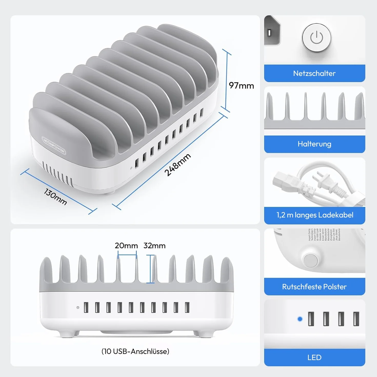 NTONPOWER 10-portowa stacja ładująca do tabletów, 120 W, Multi USB stacja ładująca z automatycznym cichym radiatorem, do telefonów komórkowych, smartfonów, tabletów, szara