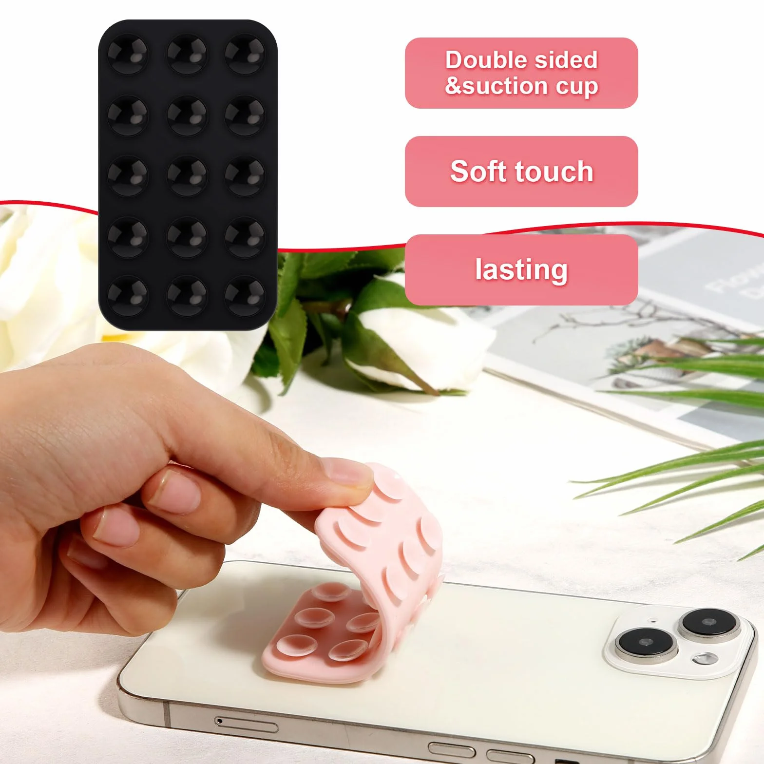 2szt Dwustronny Uchwyt na Telefon z Przyssawka, Silikonowy Uchwyt na Przyssawke z Tylu Telefonu Wielofunkcyjna Przylepka Etui Telefon z Przyssawka Pod Prysznic Lusterko (Czarny, Jasnorózowy)