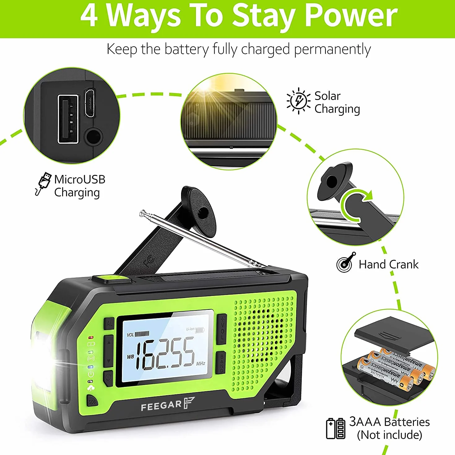 Radio z korbą Feegar Oze Pro na wypadek sytuacji awaryjnych, radio pogodowe AM/FM przenośne, survivalowe z latarką LED, powerbank 2000mAh, alarm SOS, USB, jack 3.5mm, otwieracz do butelek