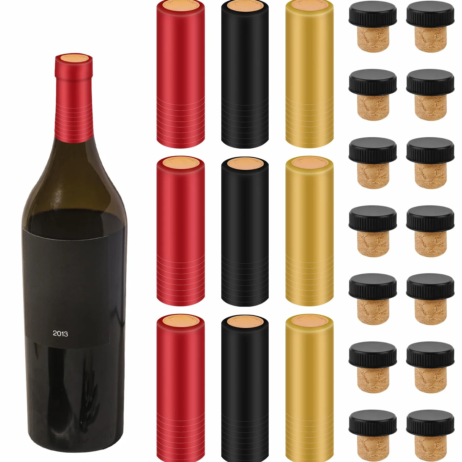 60szt Uszczelniacz Wina do Butelek Wina, Zestaw do Ponownego Zamykania Butelek Wina z Folia Termokurczliwa PVC Tasting Cork z Czarnym Plastikowym Blatem do Produkcji Piwnic i Uzytku Domowego