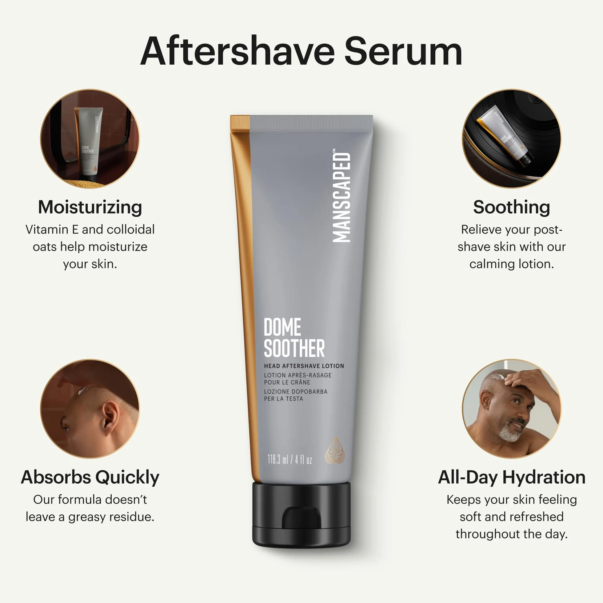 MANSCAPED® Dome Soother Men’s Head Aftershave Lotion – wzbogacony aloesem i koloidalnym owsem, koi i nawilża skórę głowy, szybko wchłania się i wysusza, łagodząc dyskomfort po goleniu, 118 ml